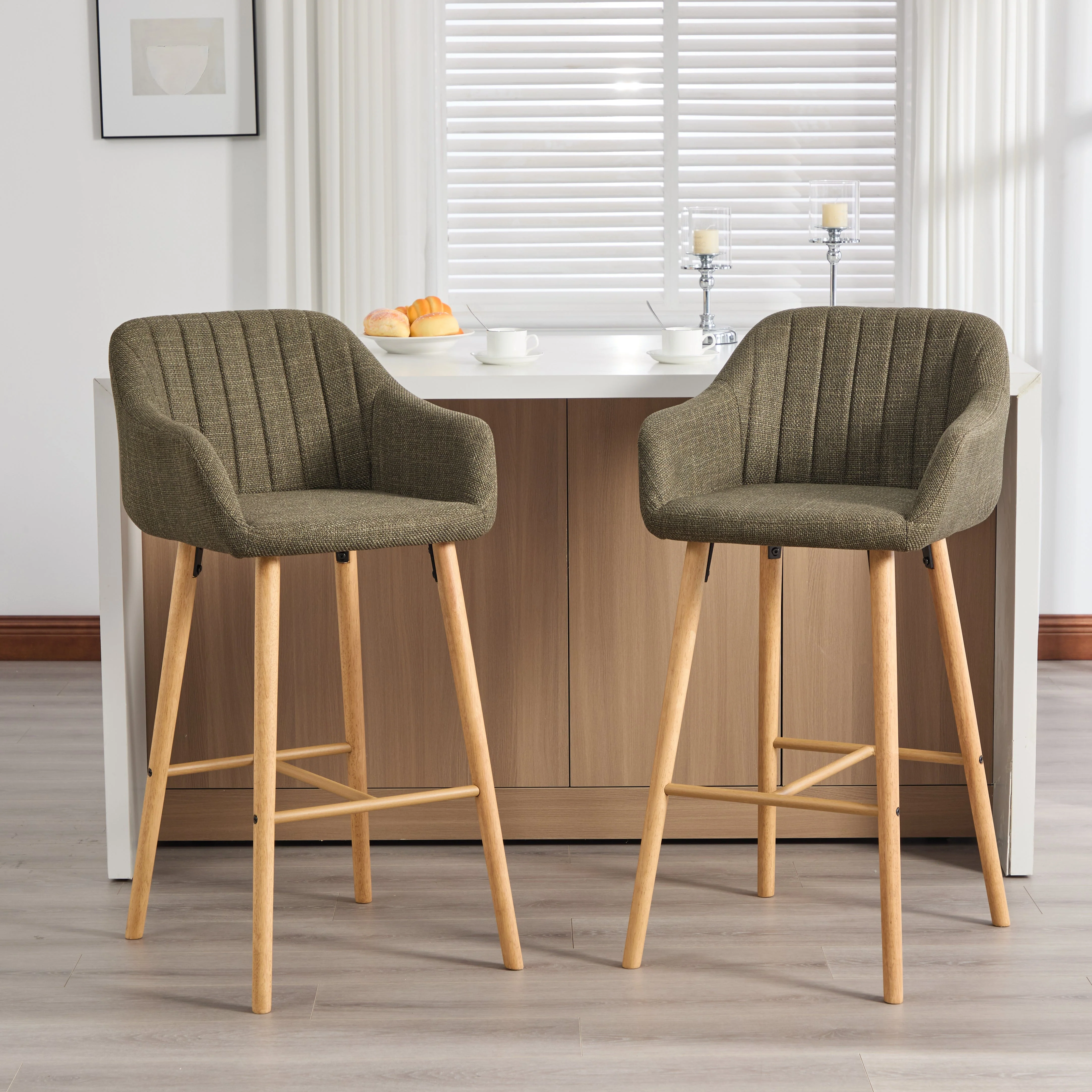 Modern European Bar Stools with High Backrest and Armrests, Set of 2, Beige Linen - Image 19