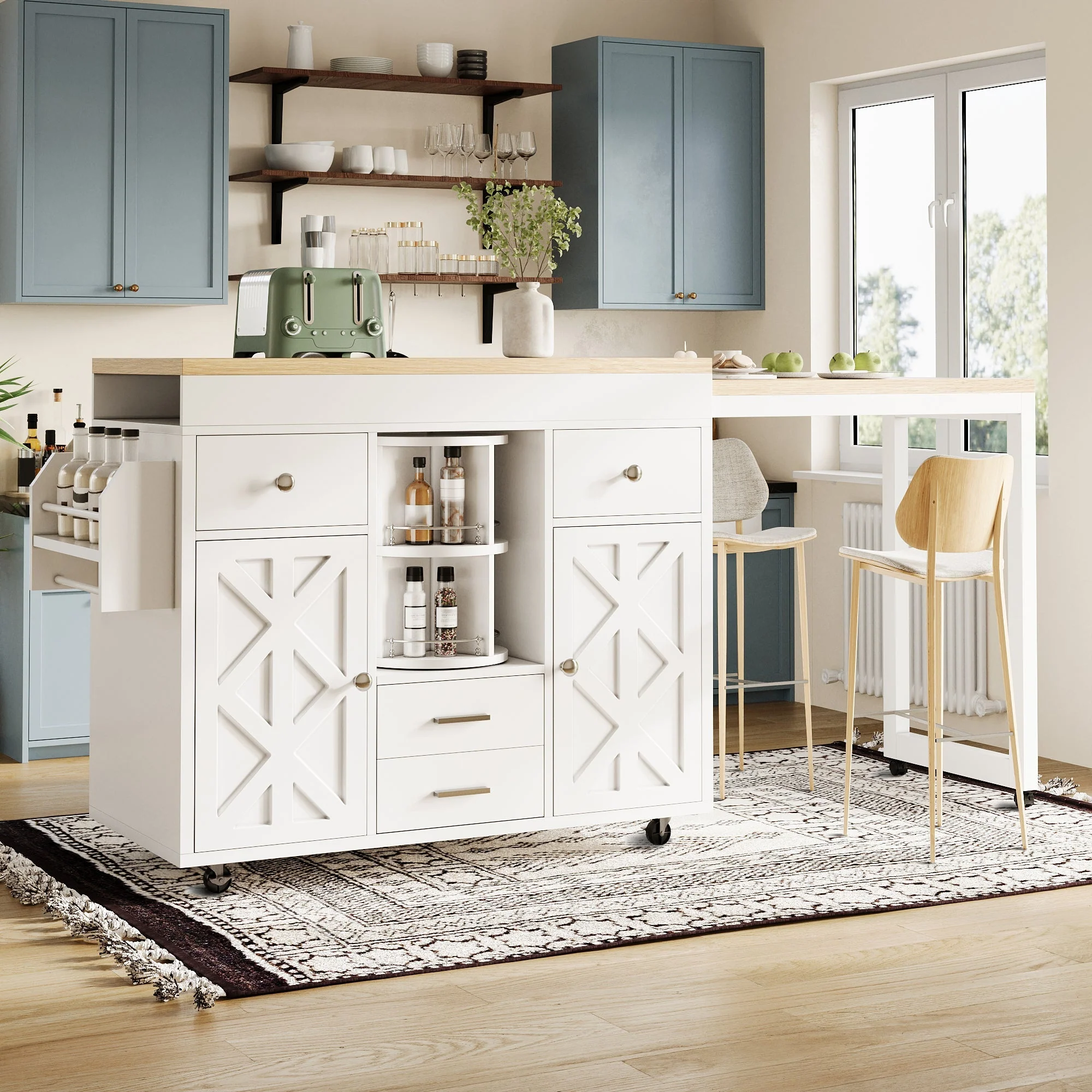 Modern Extendable Bar Table and Kitchen Trolley with Rotating Organizer and Adjustable Shelves, White - Image 2