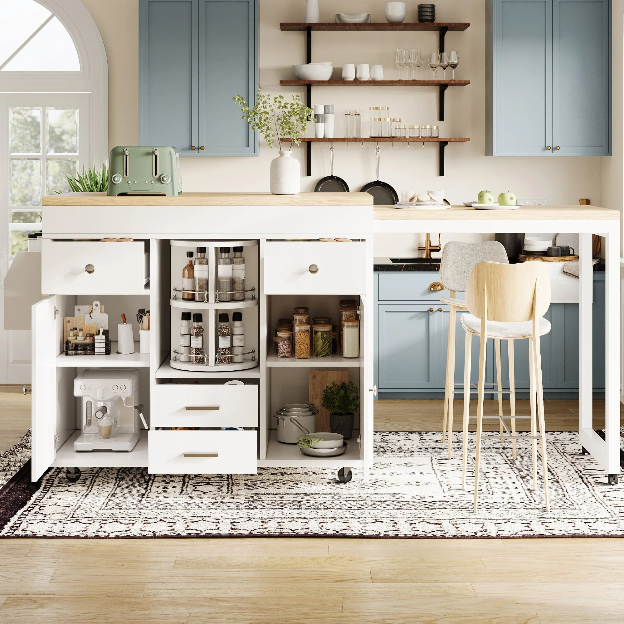 Modern Extendable Bar Table and Kitchen Trolley with Rotating Organizer and Adjustable Shelves, White - Image 3