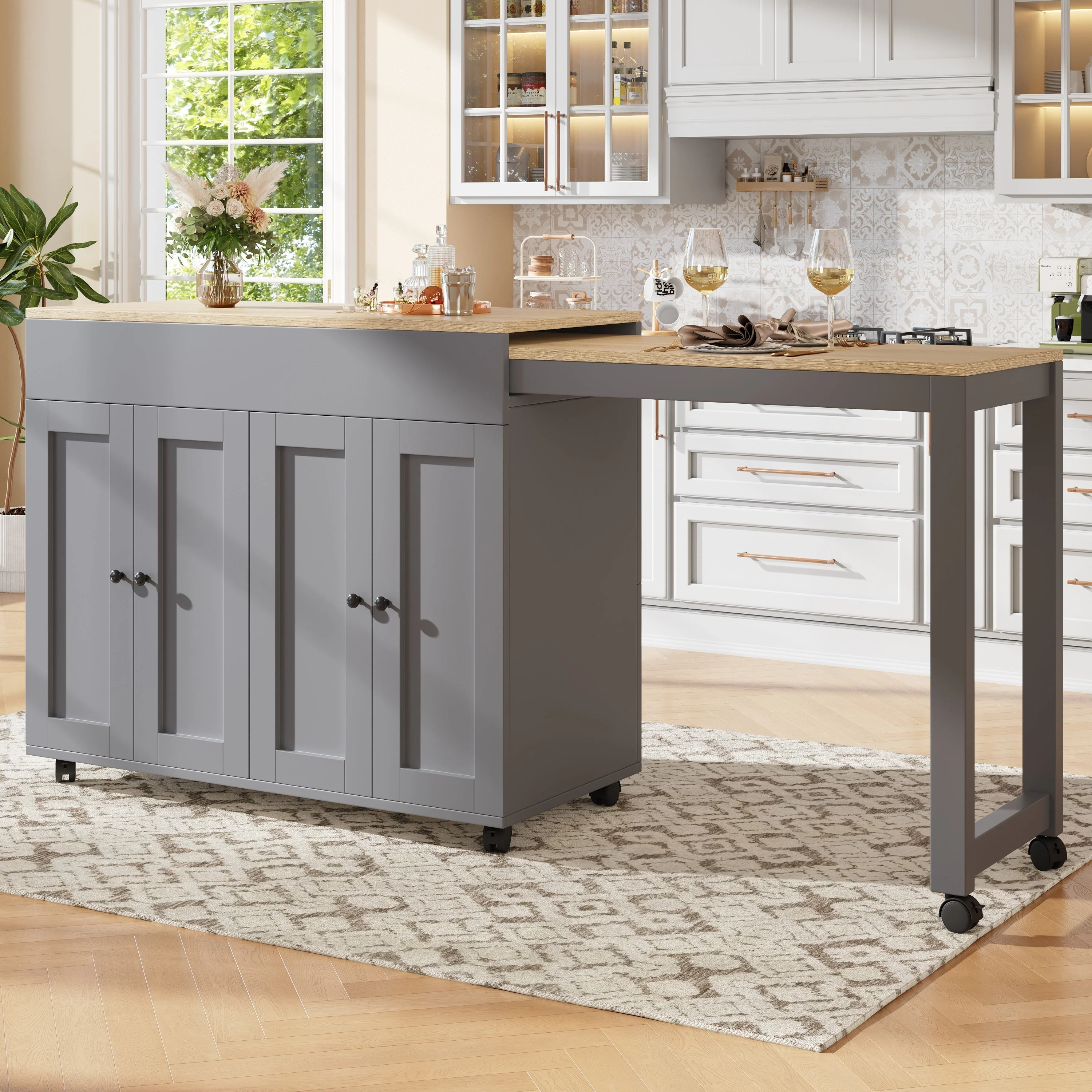 Modern Extendable Bar Table Dining Bistro Storage 6 Shelves Grey