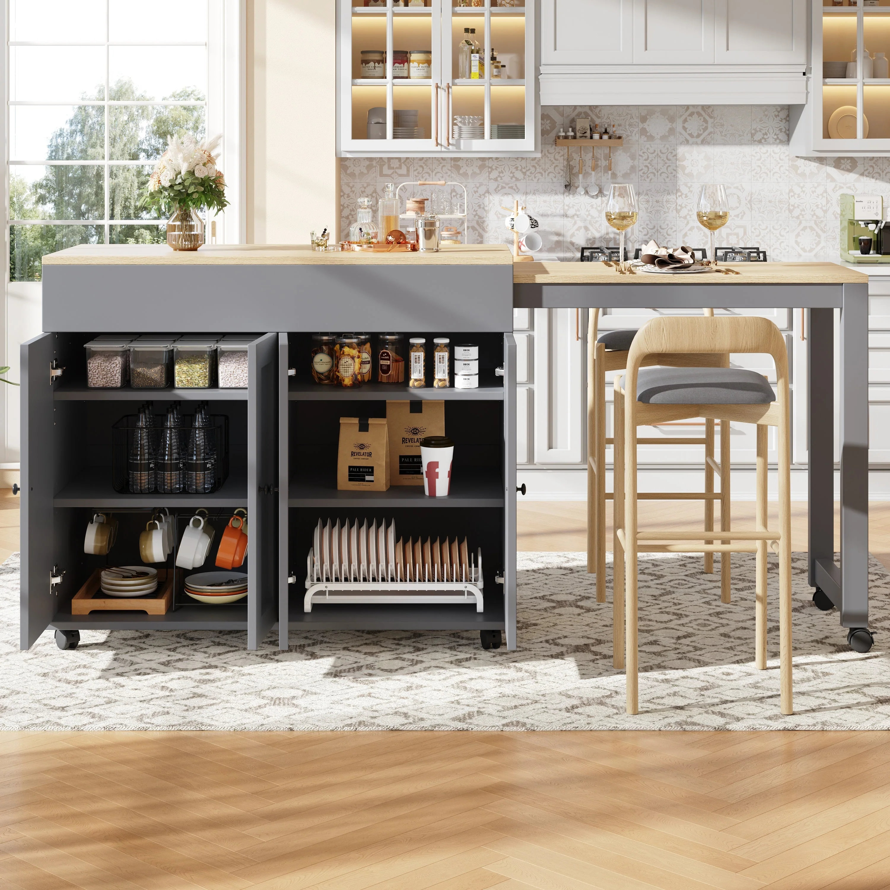 Modern Extendable Bar Table Dining Bistro Storage 6 Shelves Grey - Image 2