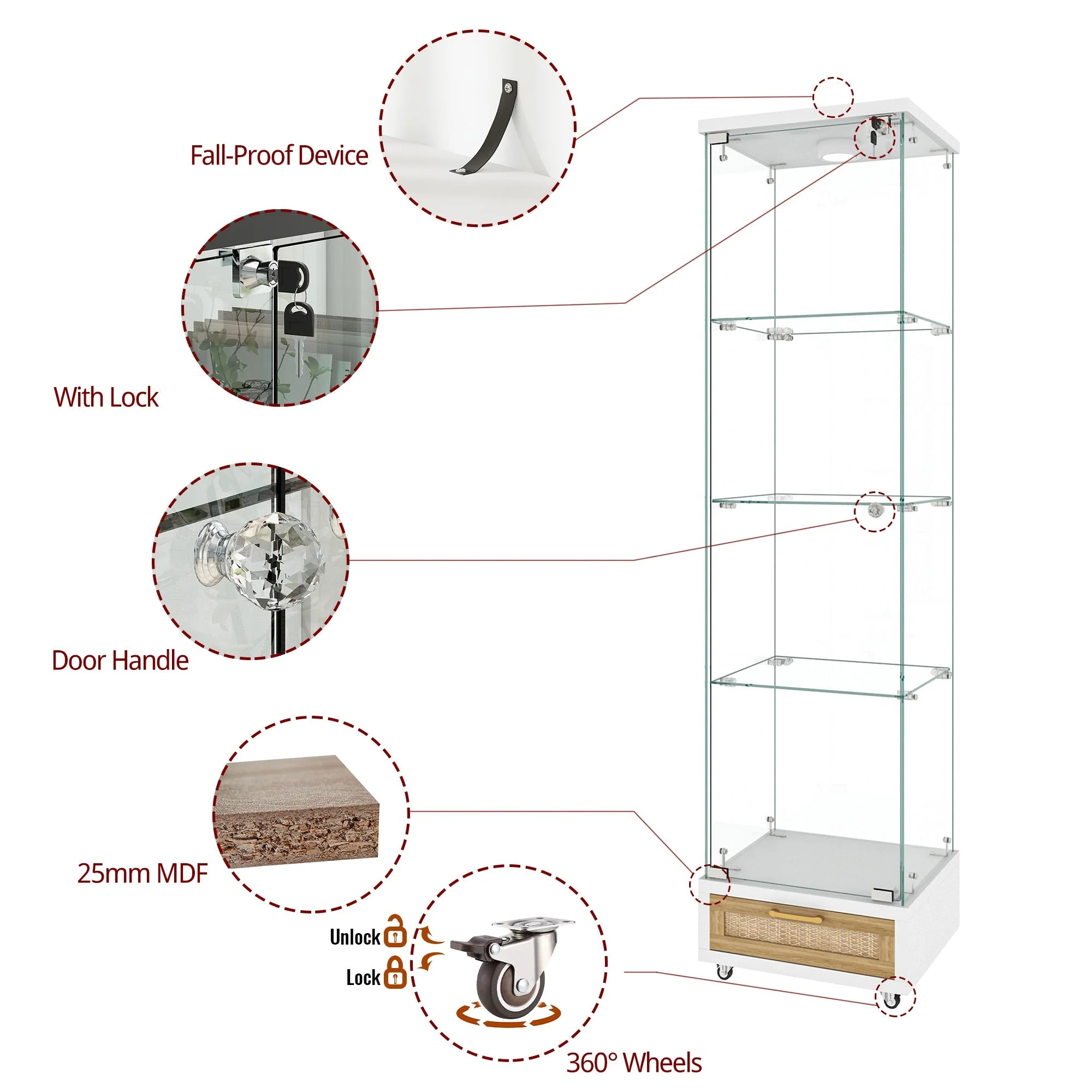 Modern Glass Display Cabinet LED Lights Drawers 4 Shelves - White - Image 6