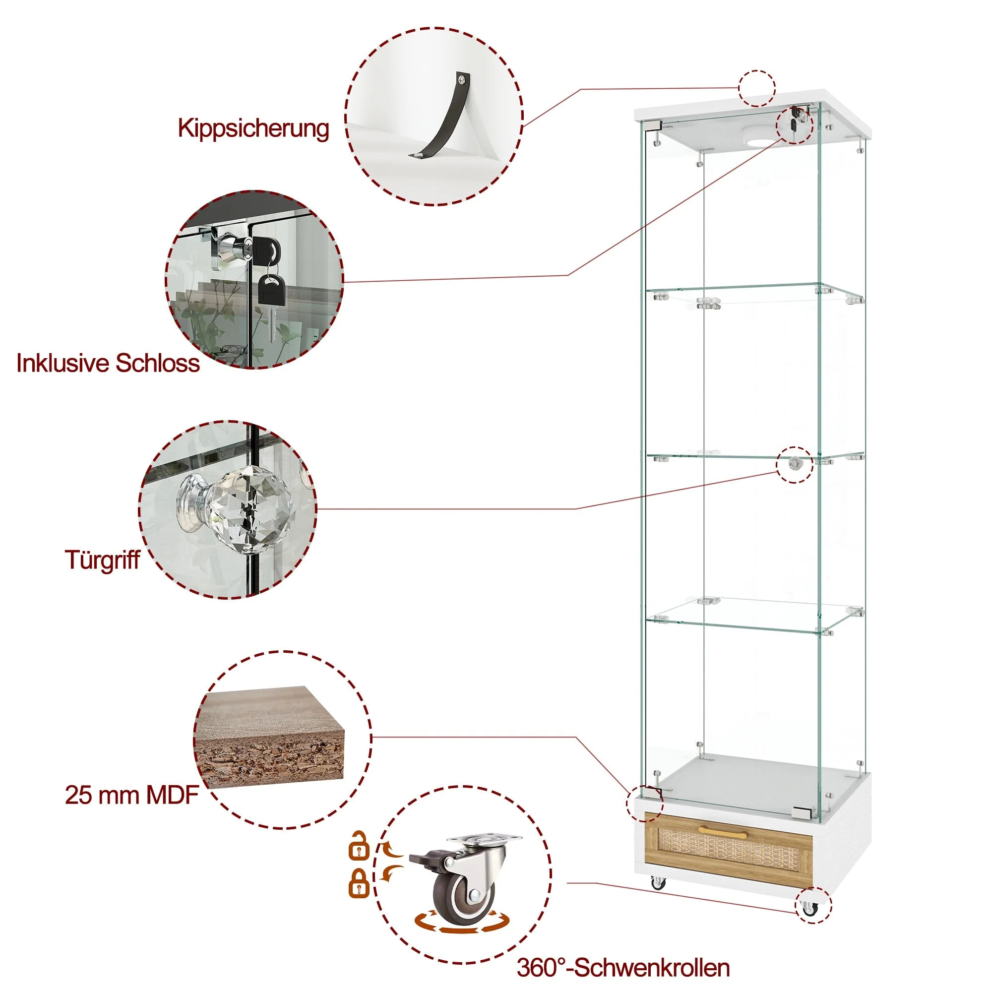 Modern Glass Display Cabinet LED Lights Drawers 4 Shelves - White - Image 7