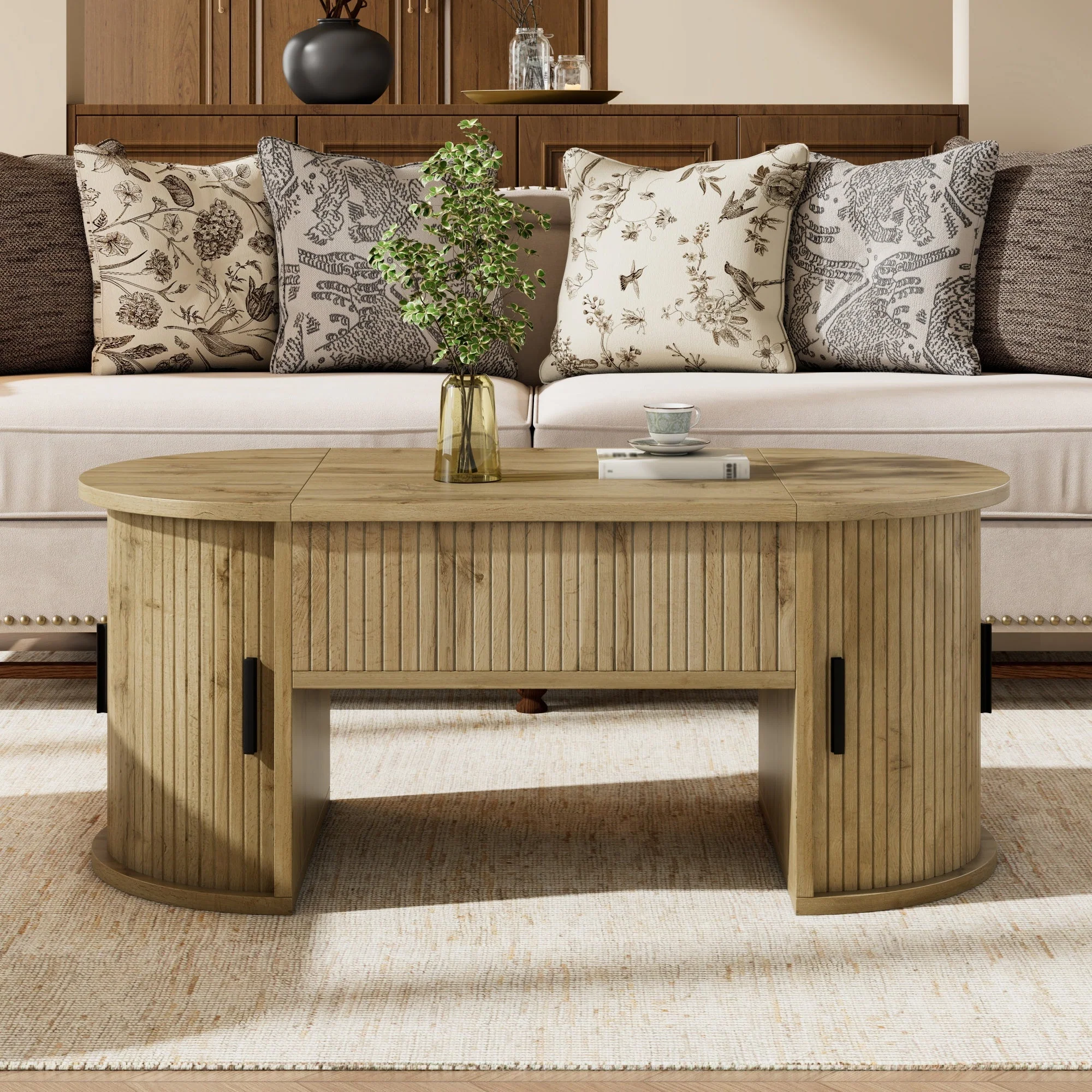 Modern Height-Adjustable Coffee Table with Hidden Storage and Sliding Doors, Wood - Image 5