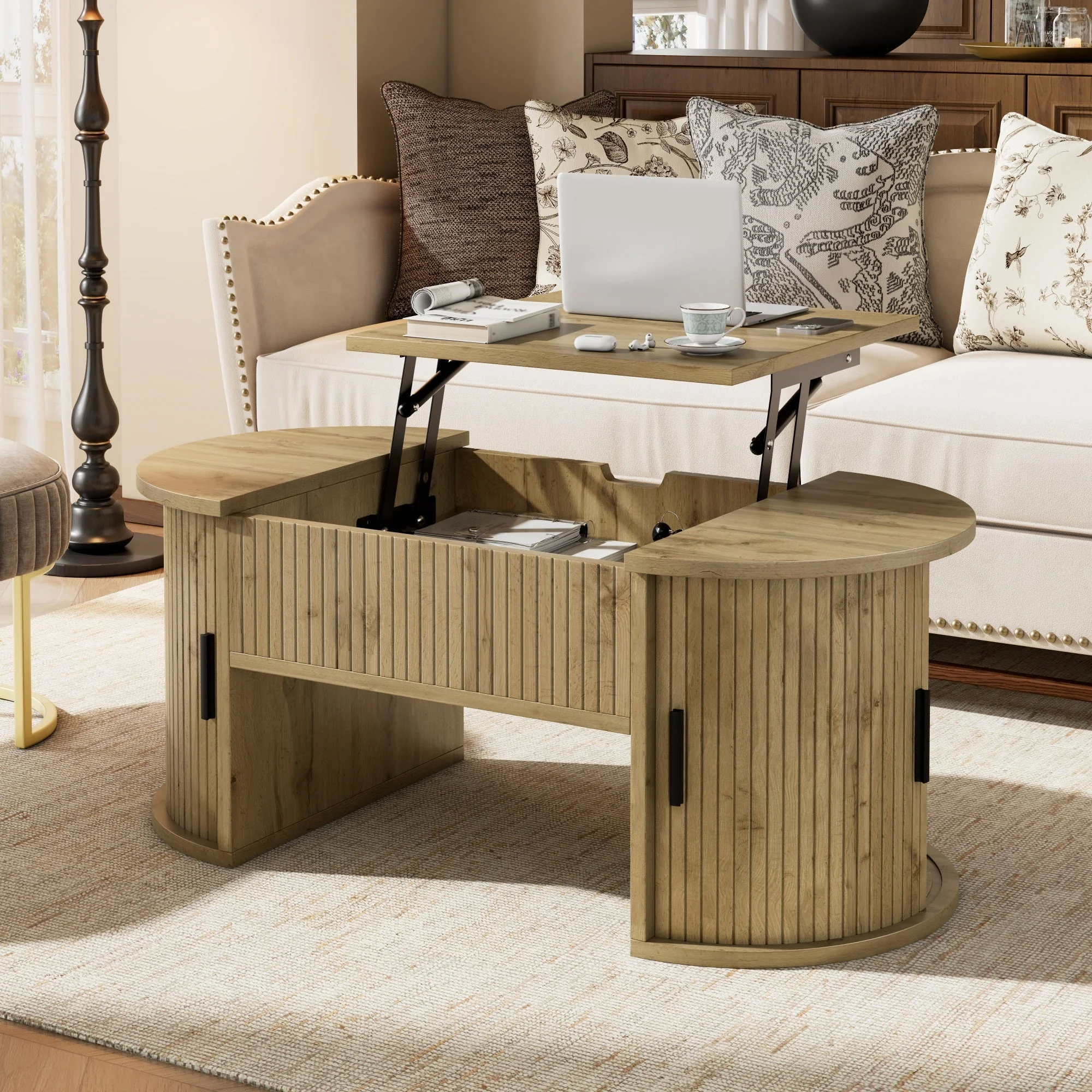 Modern Height-Adjustable Coffee Table with Hidden Storage and Sliding Doors, Wood - Image 8