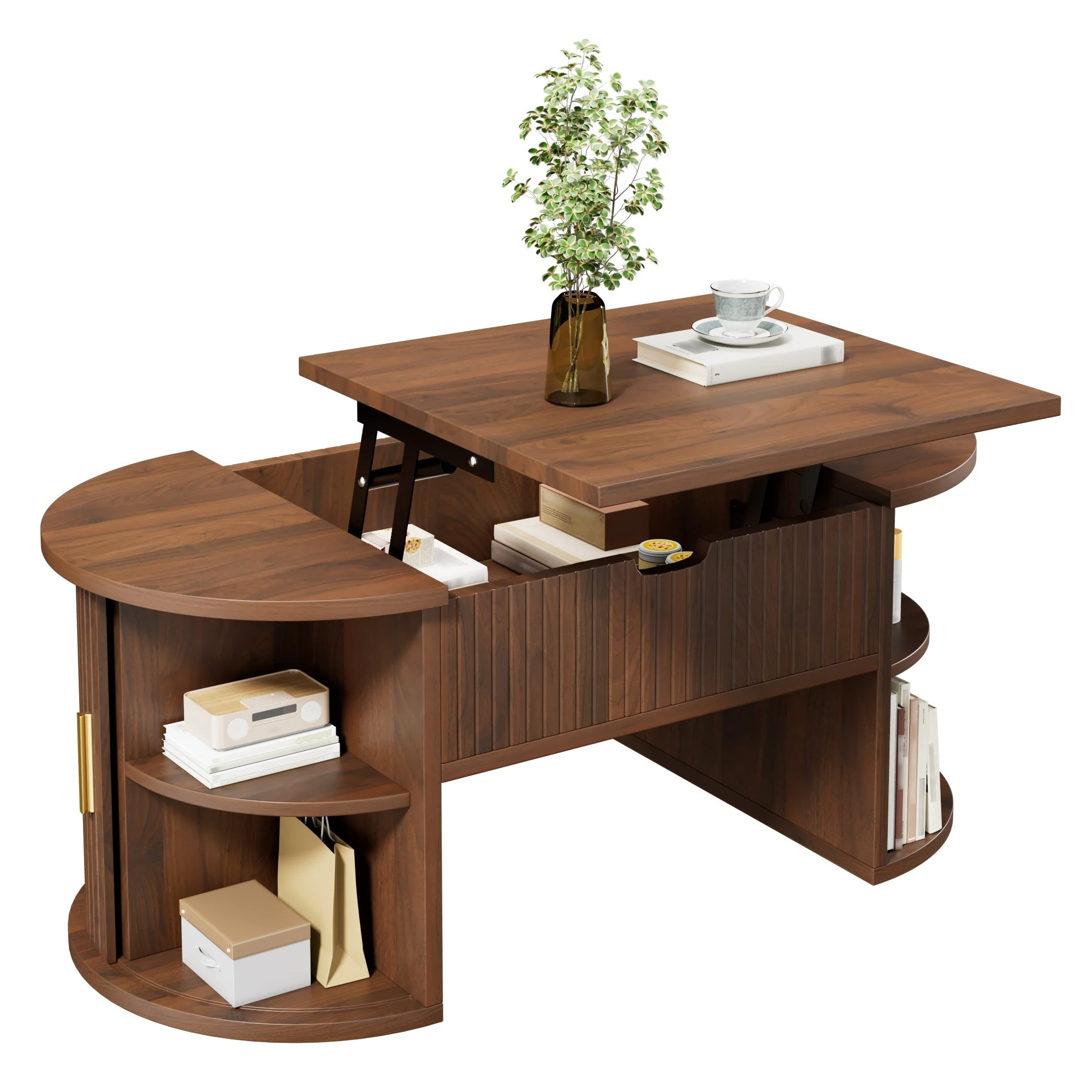 Modern Height-Adjustable Coffee Table with Storage and Sliding Doors, Wood - Image 2