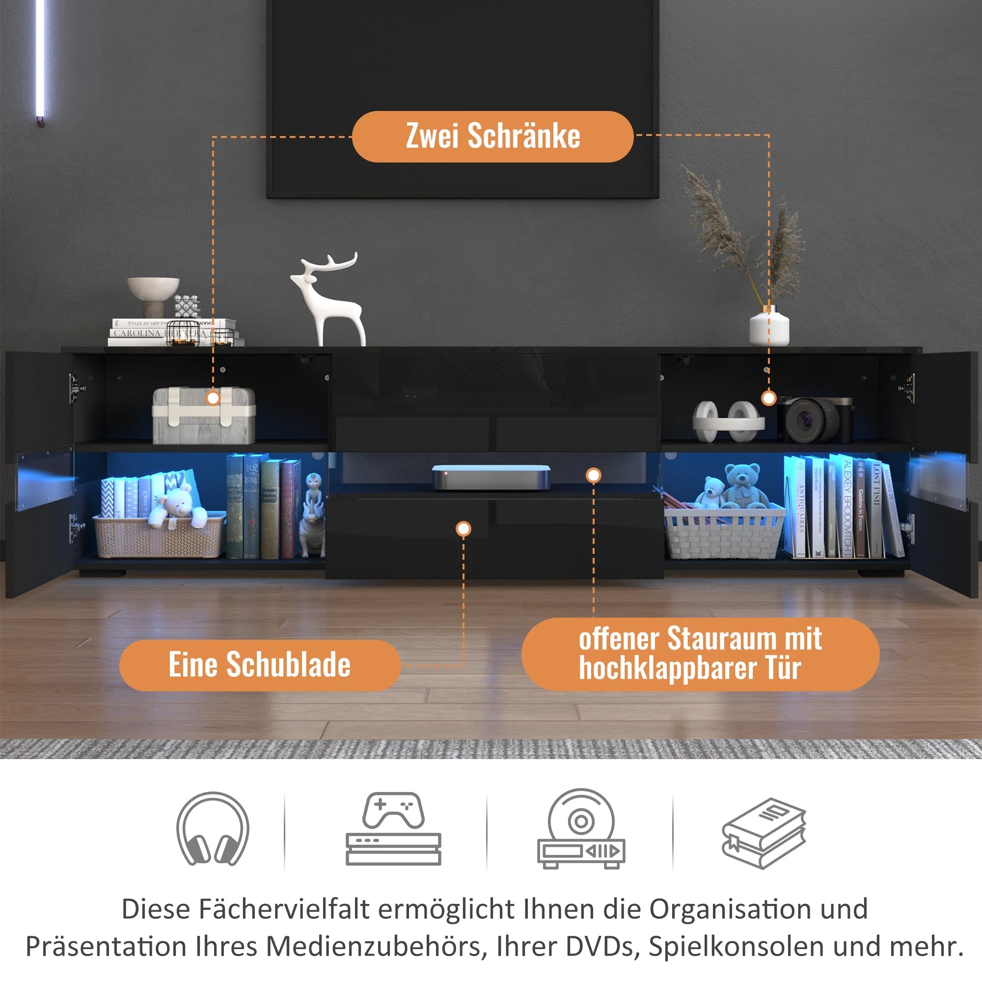 Modern High-Gloss TV Cabinet 160x39x45cm LED 2 Doors 1 Drawer - Black - Image 9