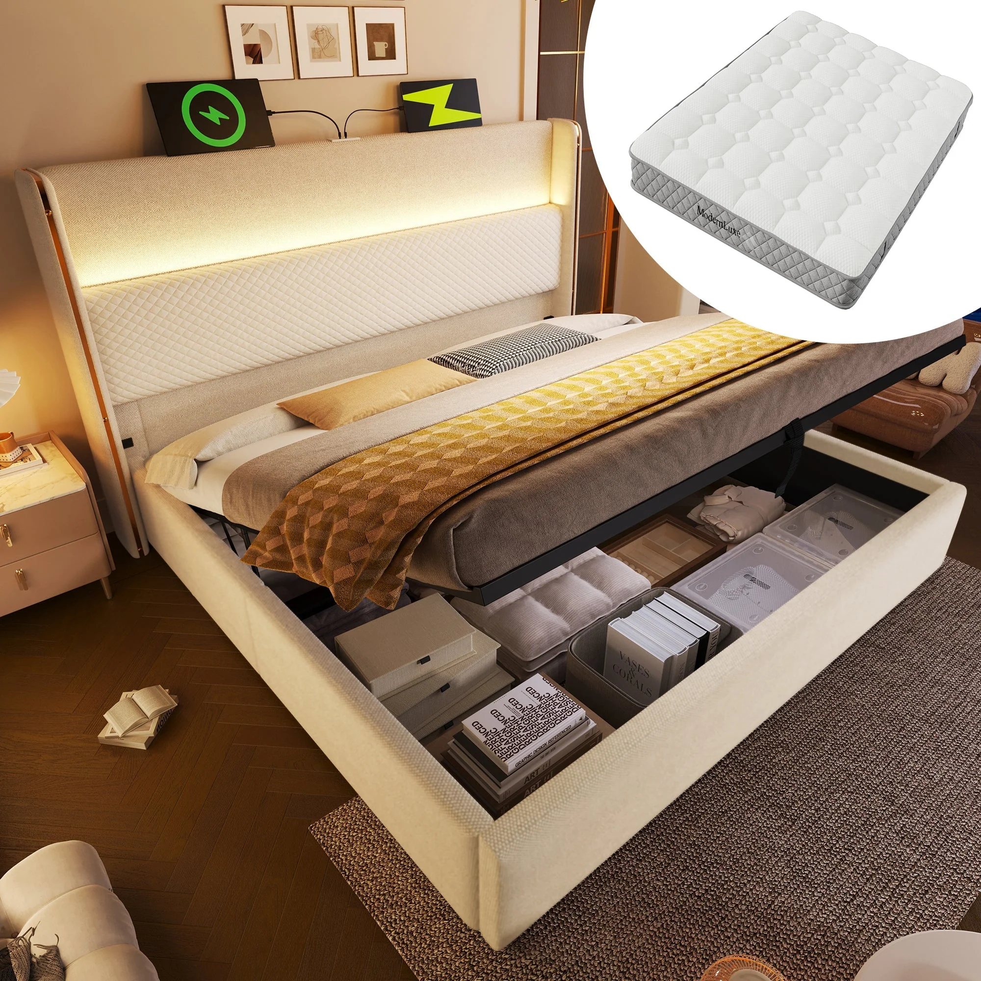 Modern Hydraulic Bed 180x200cm, High Headboard LED, Storage, USB/Type-C Ports, Linen Look Beige