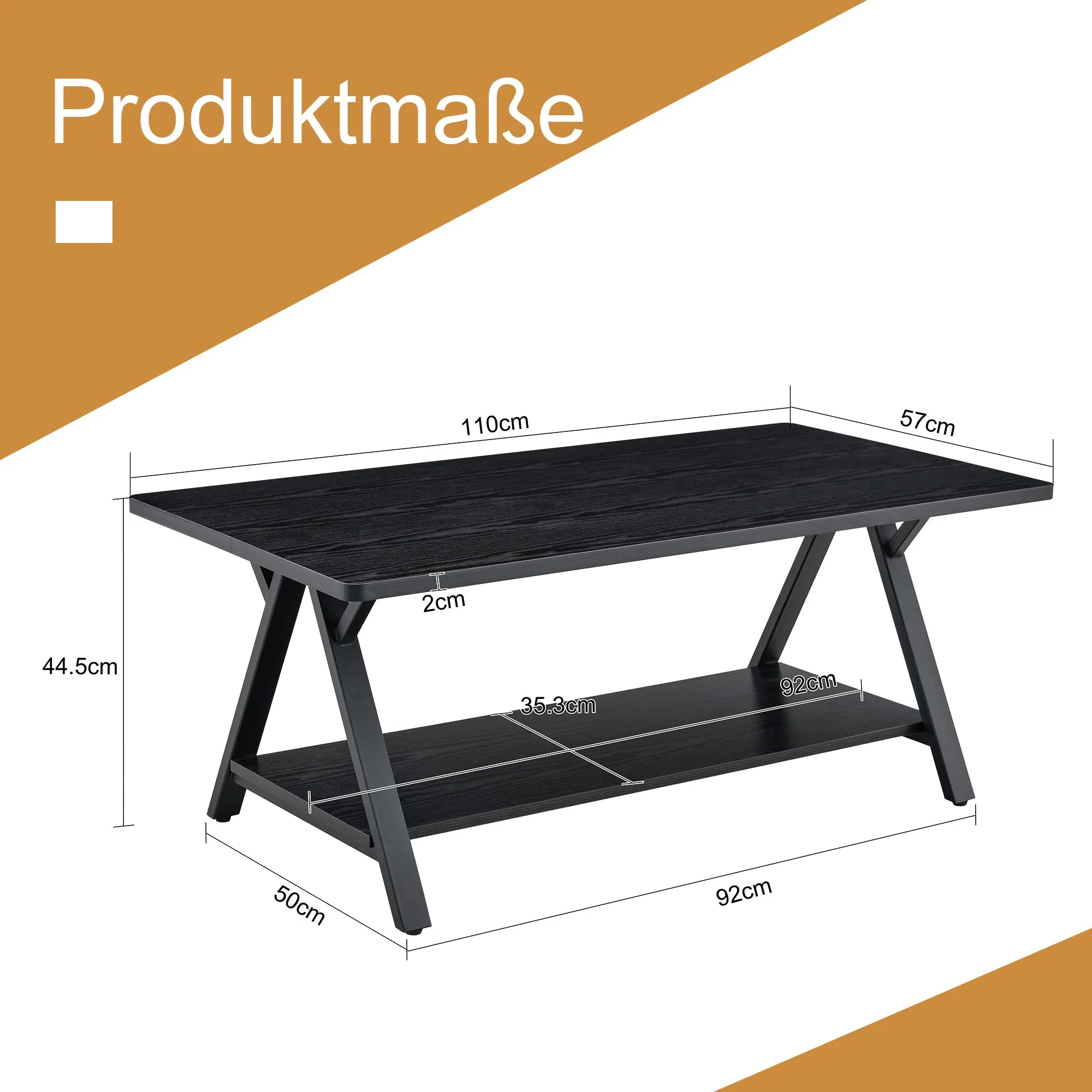 Modern Industrial Coffee Table with Storage Shelf and Metal Frame, 110x57x44.5cm, Black Wood Grain - Image 2