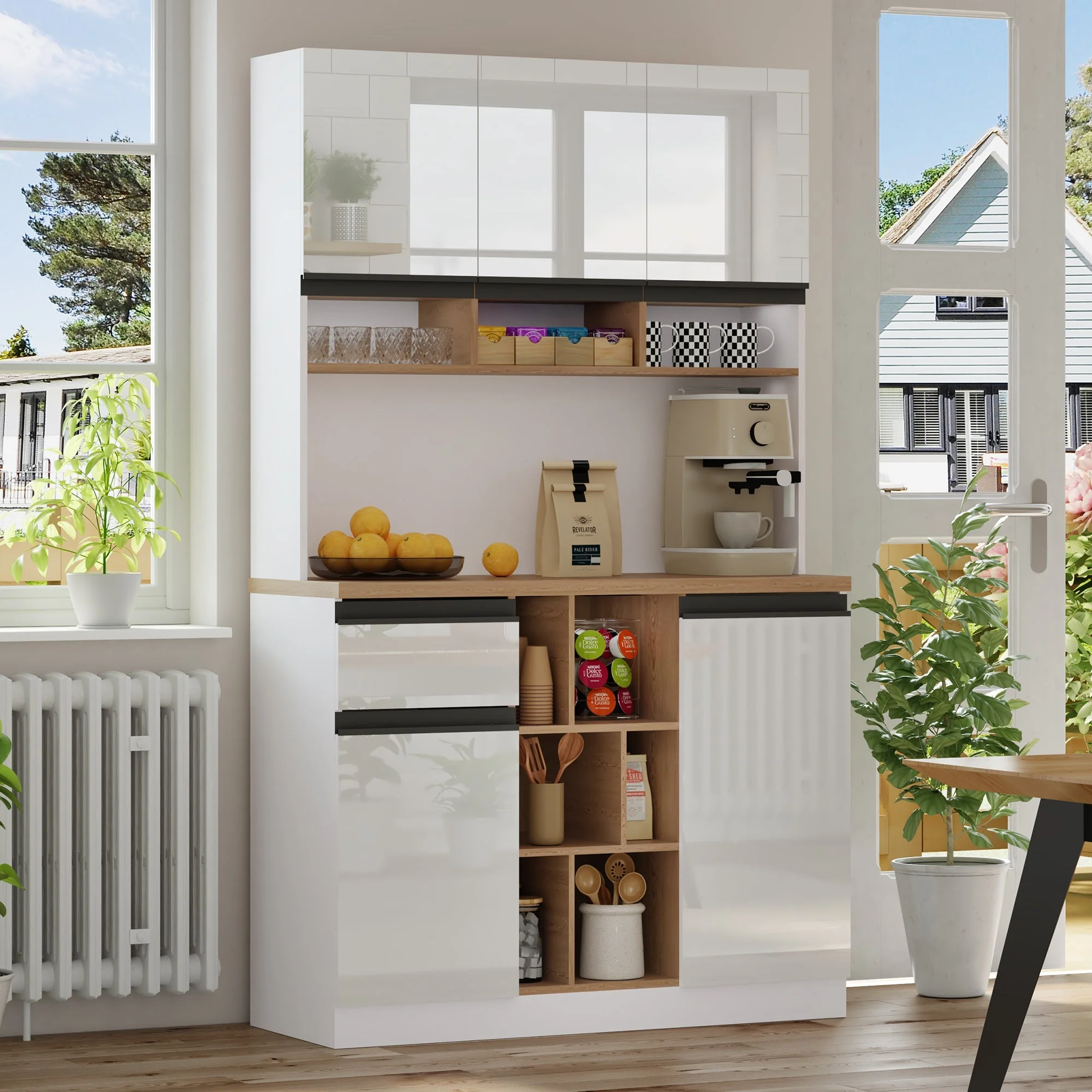 Modern Kitchen Cabinet with Drawers Adjustable Shelves Open Storage - White - Image 10
