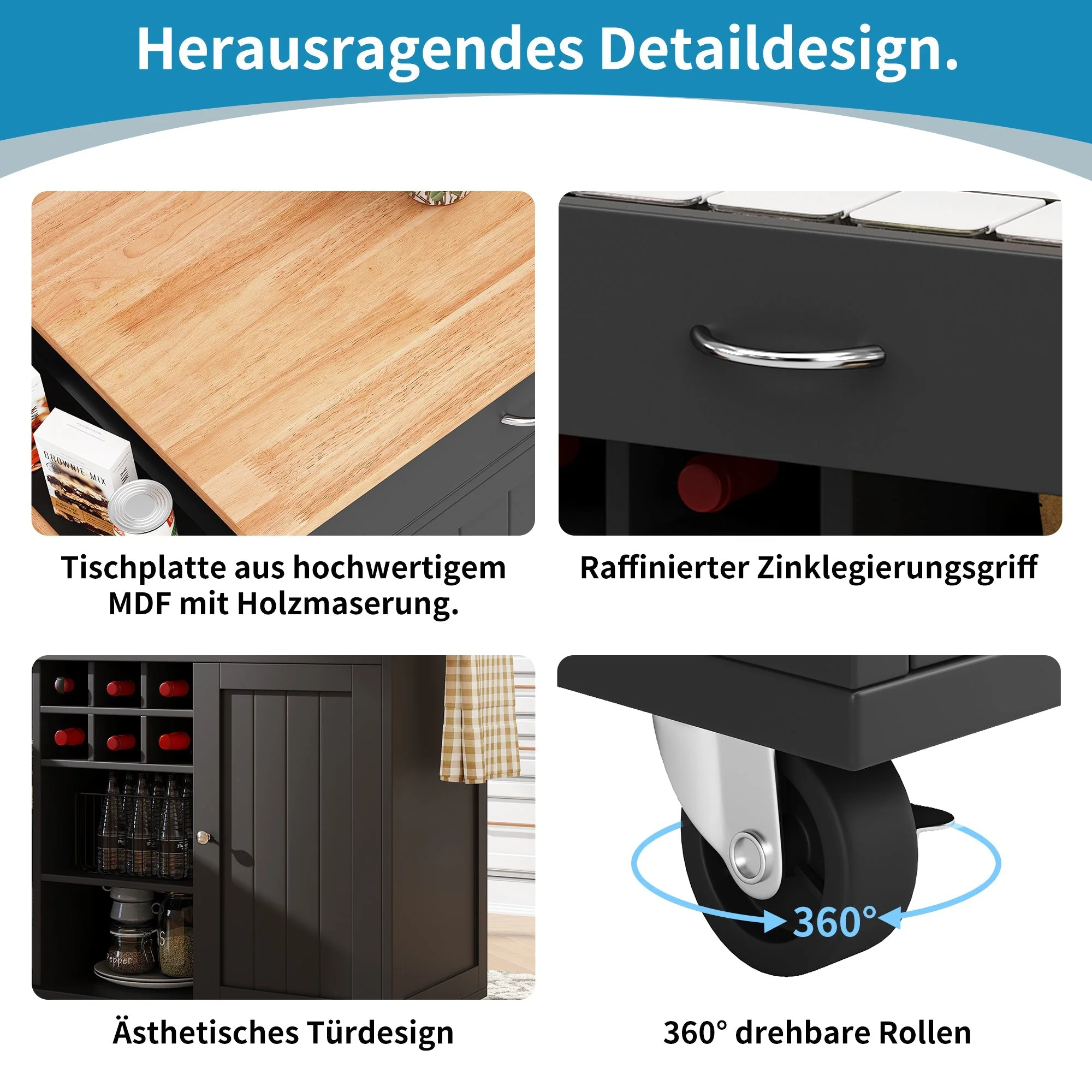 Modern Kitchen Island 102cm Dining Cart Storage - Black - Image 5