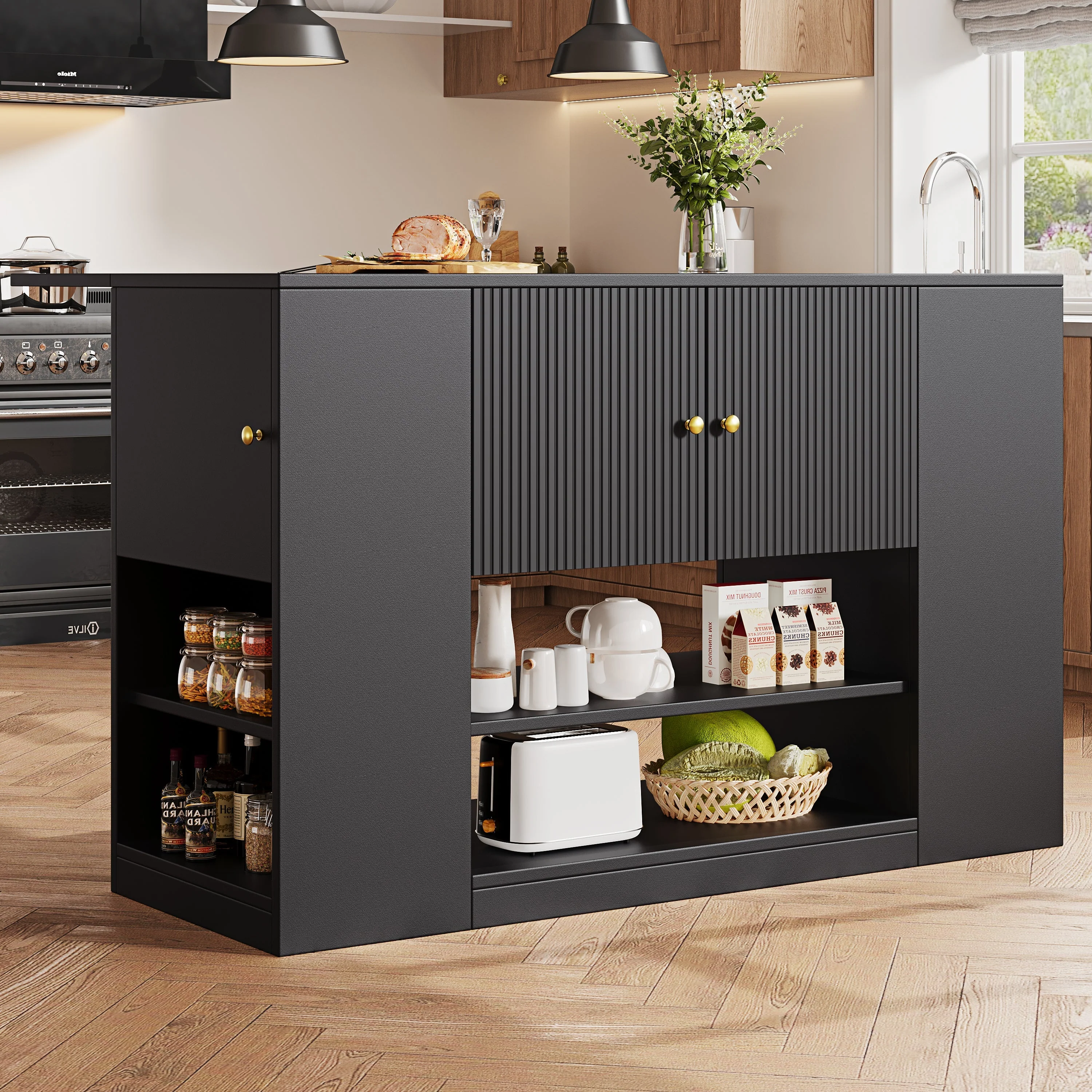 Modern Kitchen Island Cabinet Drawers Shelves Buffet Storage - Black - Image 2