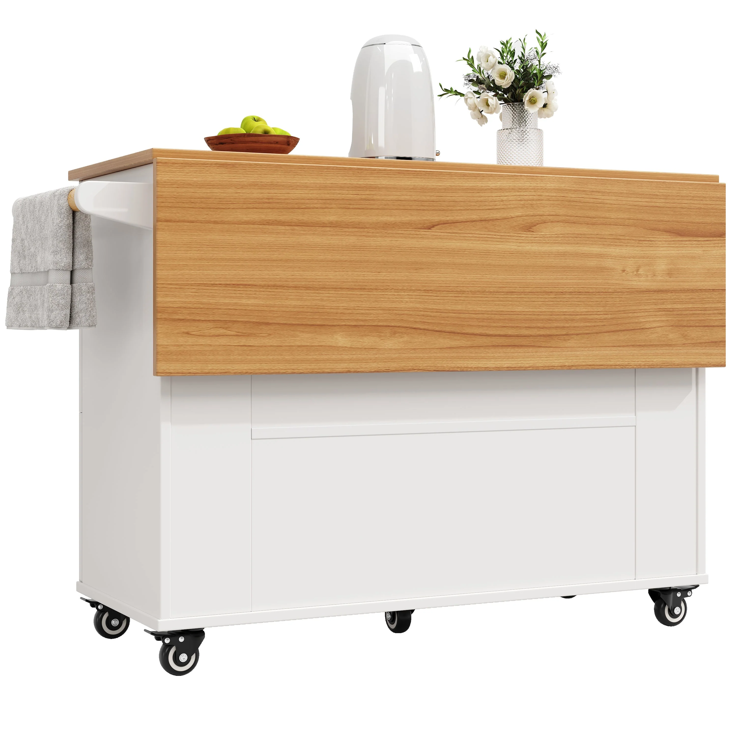 Modern Kitchen Island Extendable Dining Table Storage & Mobile - White - Image 10