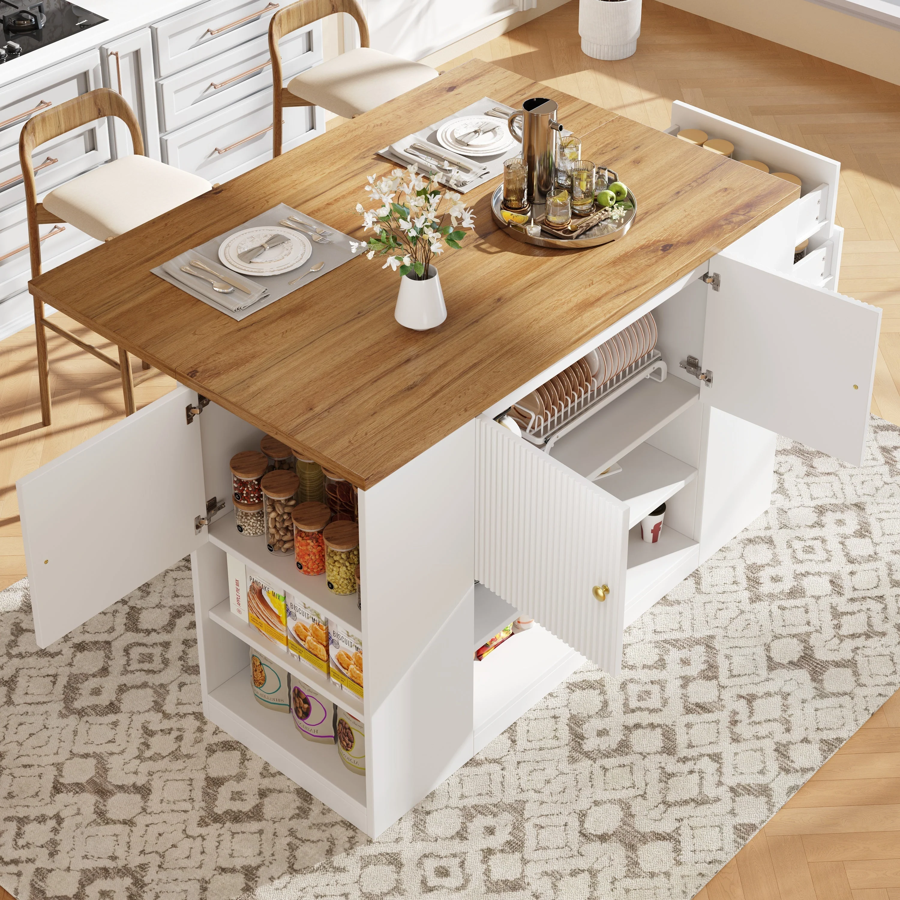 Modern Kitchen Island Sideboard with Drawers and Shelves - White - Image 2
