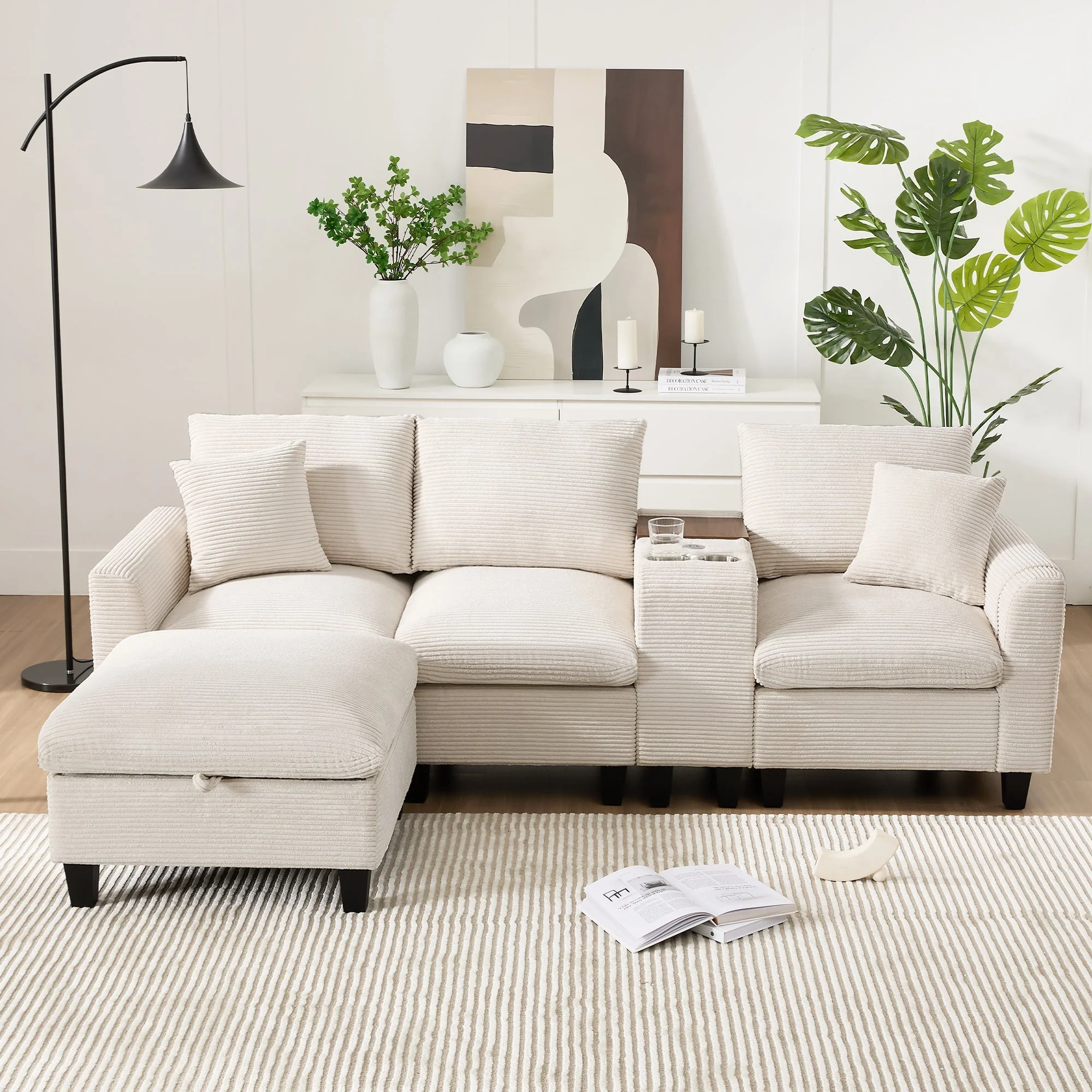 Modern L-shaped Convertible Corner Sofa with Console & USB, Corduroy Fabric - Image 2