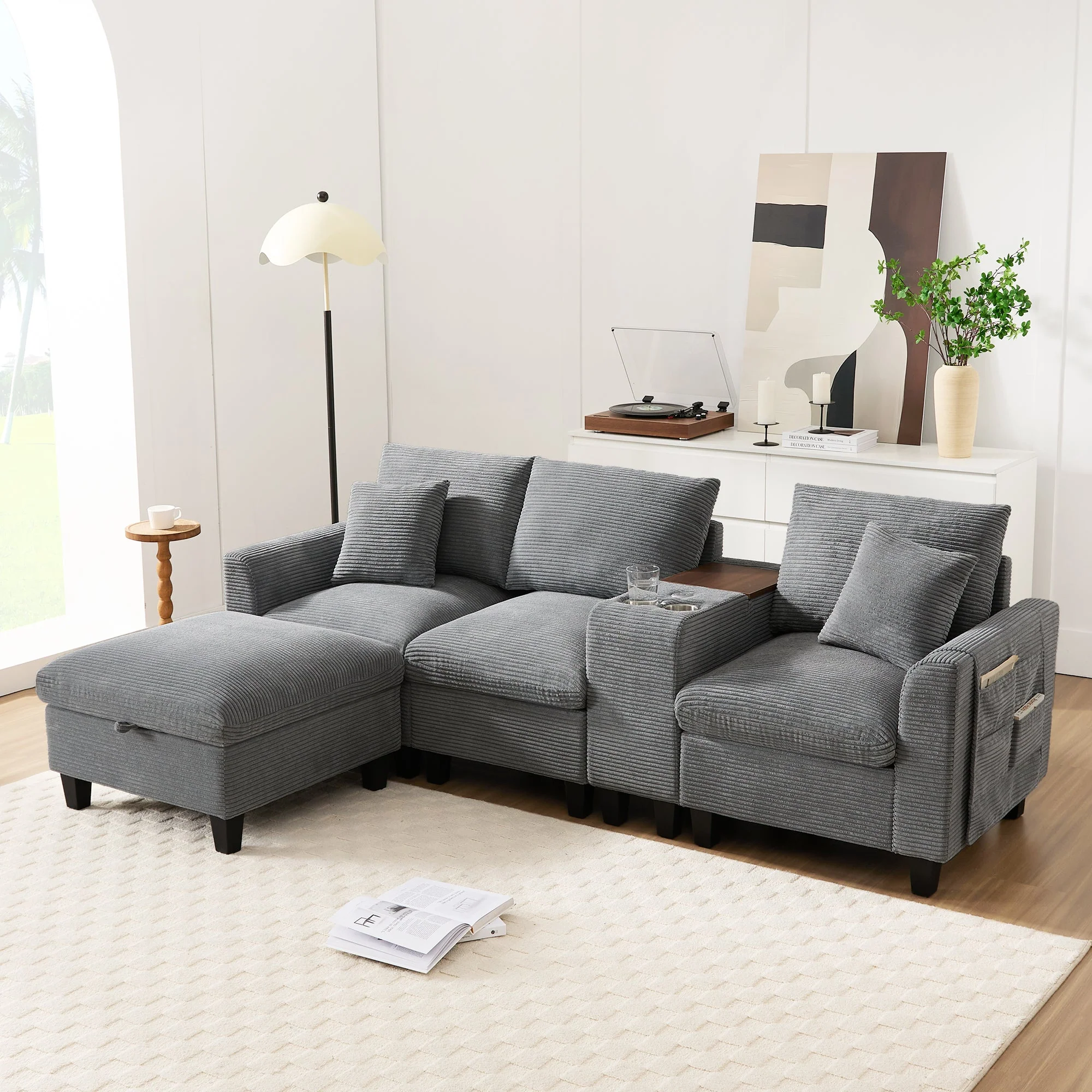 Modern L-shaped Corner Sofa Convertible Console Cup Holders USB Corduroy Fabric - Image 6