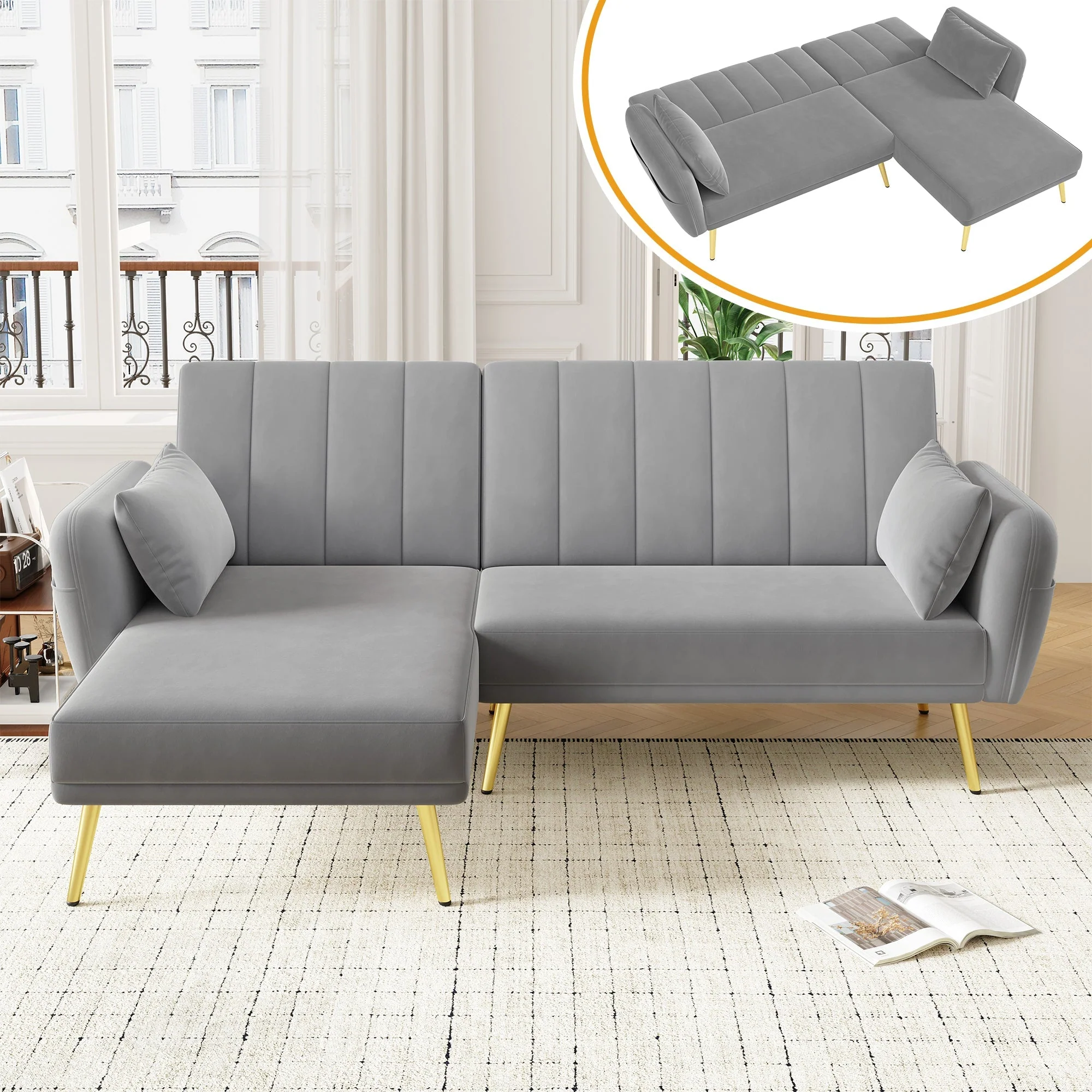 Modern L-Shaped Fold-Out Sleeper Sofa with 3-Position Adjustable Backrest, Velvet - Image 2