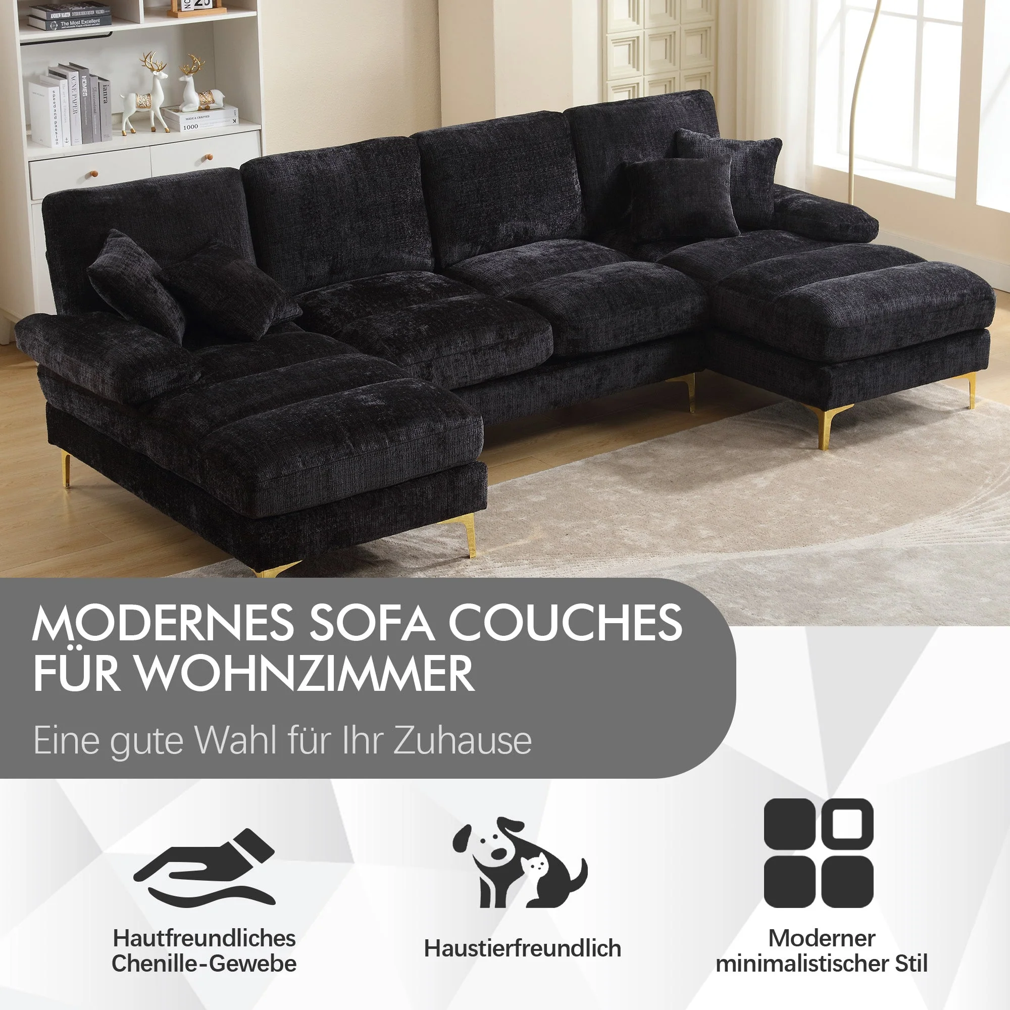 Modern Large U-Shape Sectional Sofa Double Reclining Seats, Chenille Fabric - Image 3