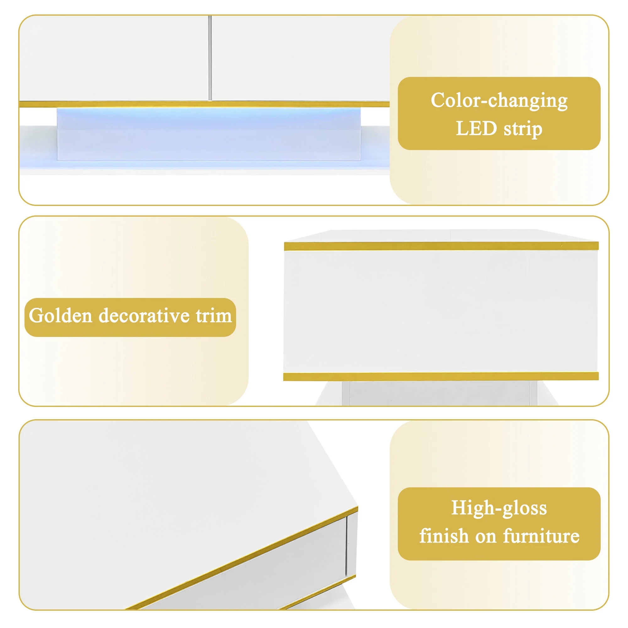 Modern LED Coffee Table 100cm High-Gloss 3 Drawers USB Gold Trim - Image 9
