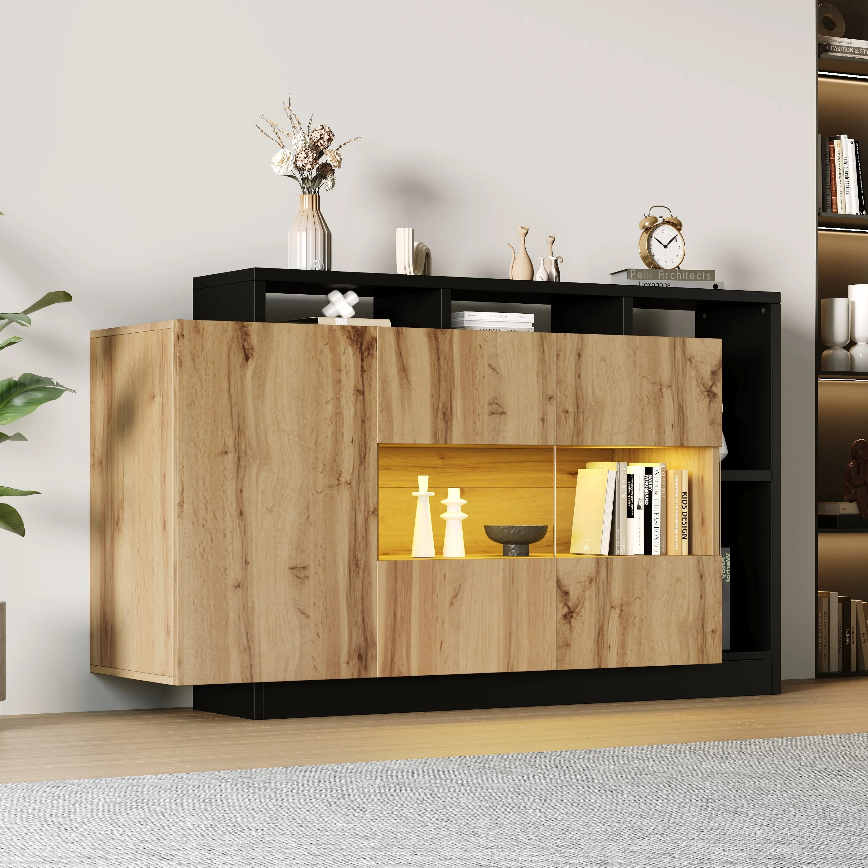Modern LED Sideboard, Glass Dining Cabinet with Bluetooth Control, Wood Color MDF - Image 8