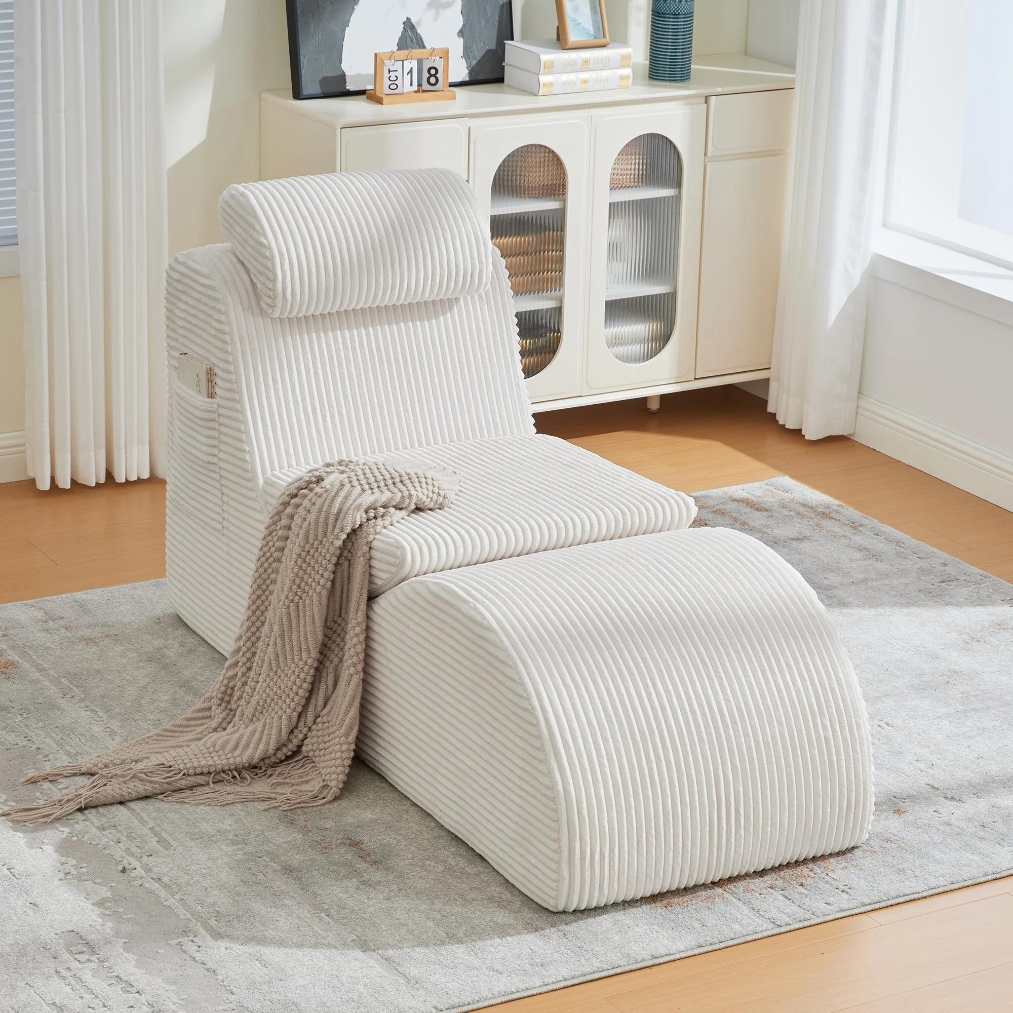 Modern Leisure Chair with Ergonomic Compression Foam and Side Pocket, Beige - Image 3