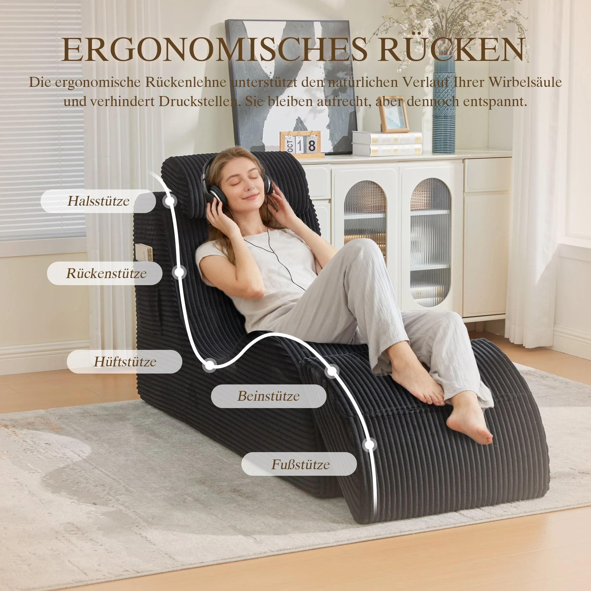 Modern Leisure Chair with Ergonomic Compression Foam and Side Pocket, Black - Image 4