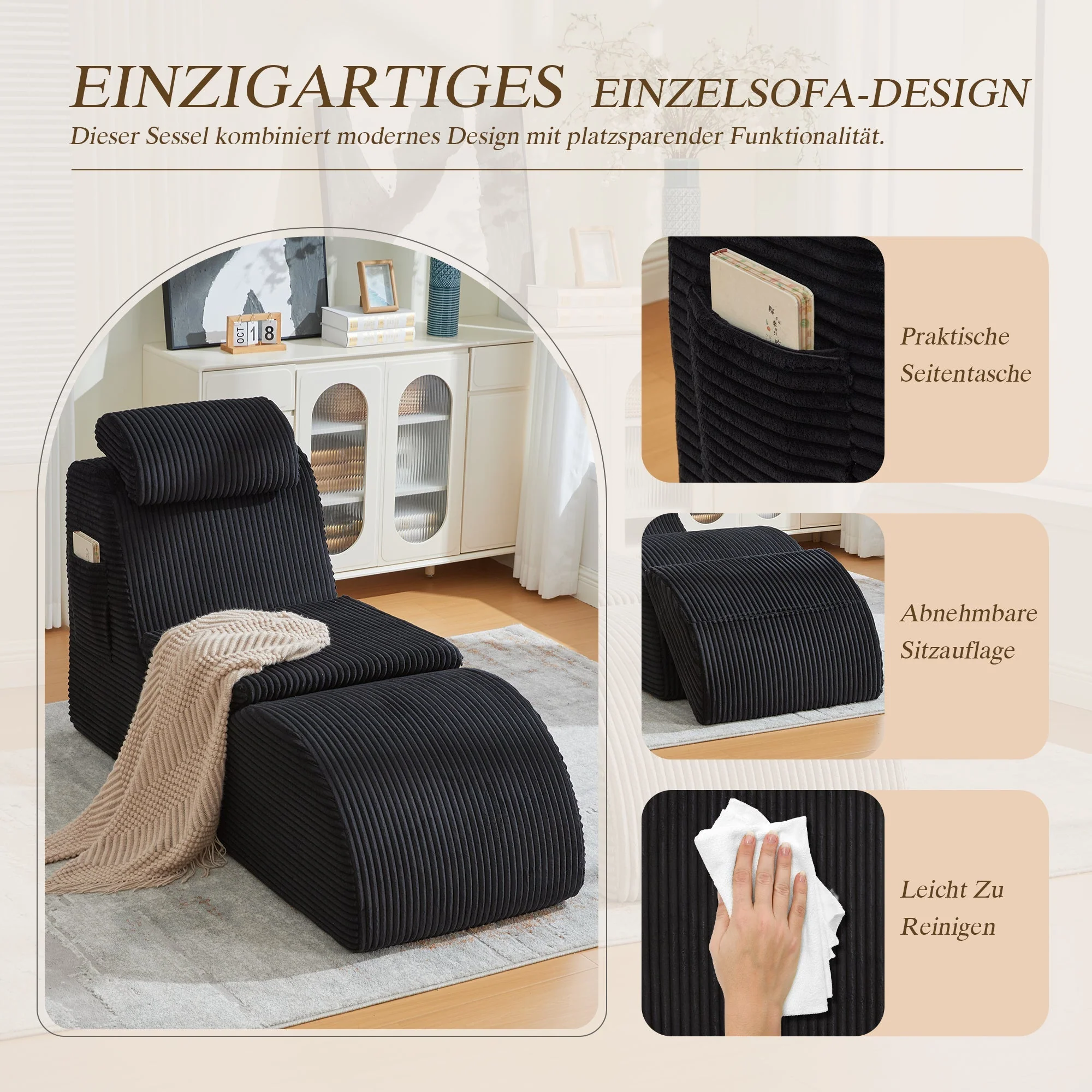 Modern Leisure Chair with Ergonomic Compression Foam and Side Pocket, Black - Image 5