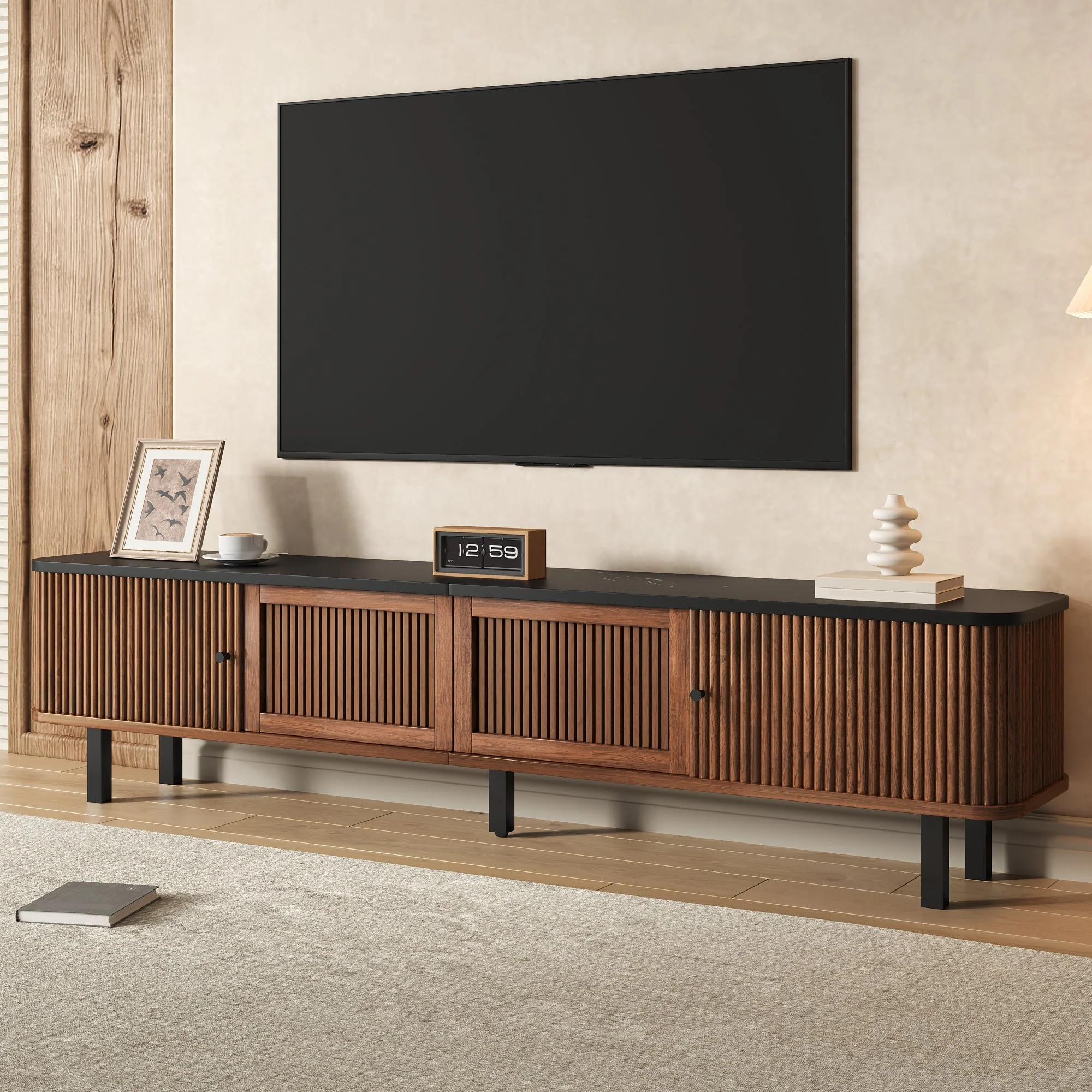 Modern Low TV Cabinet 190cm with Sliding & Mesh Doors - Image 5