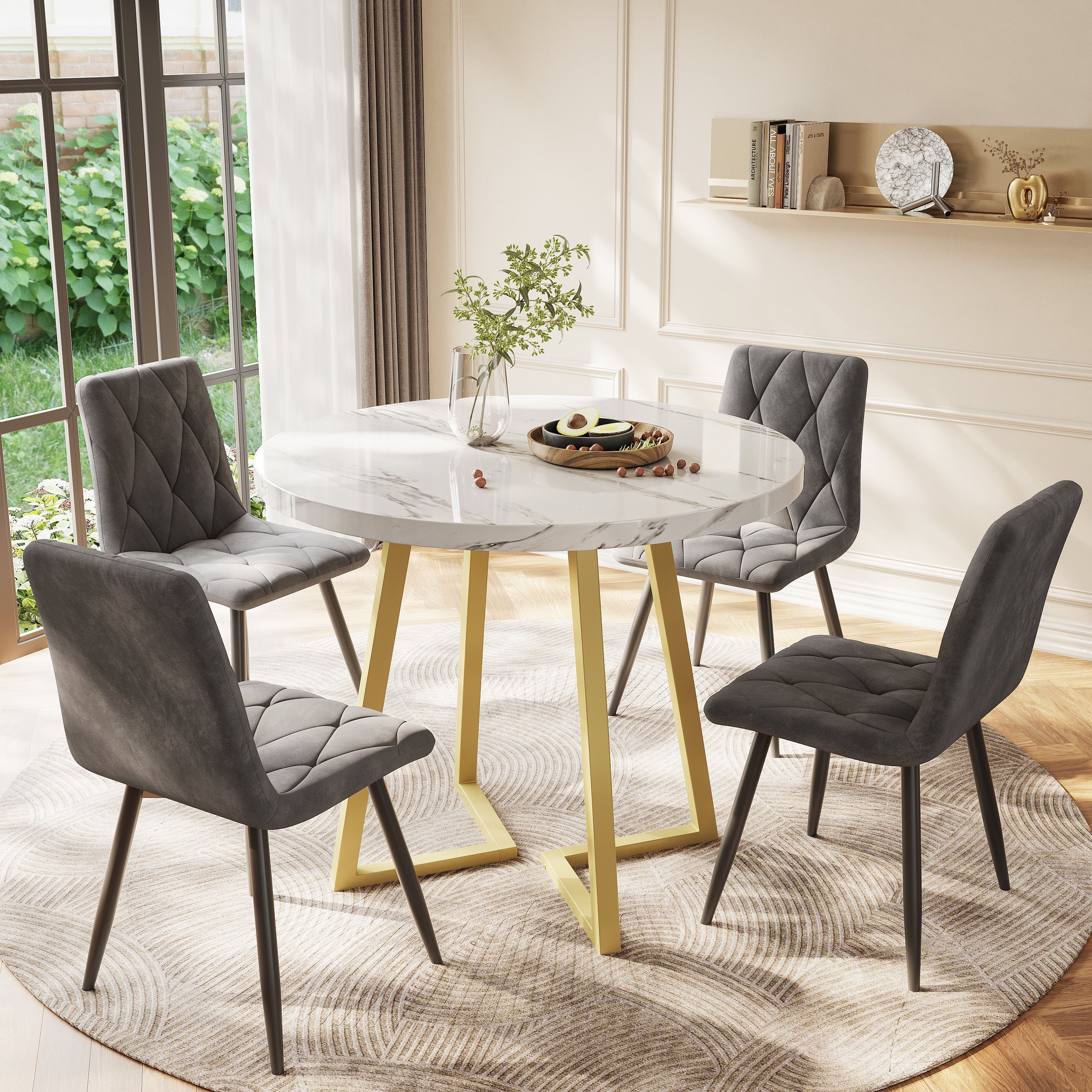 Modern Metal Frame Marble Pattern Round Coffee Table with Gold Stand