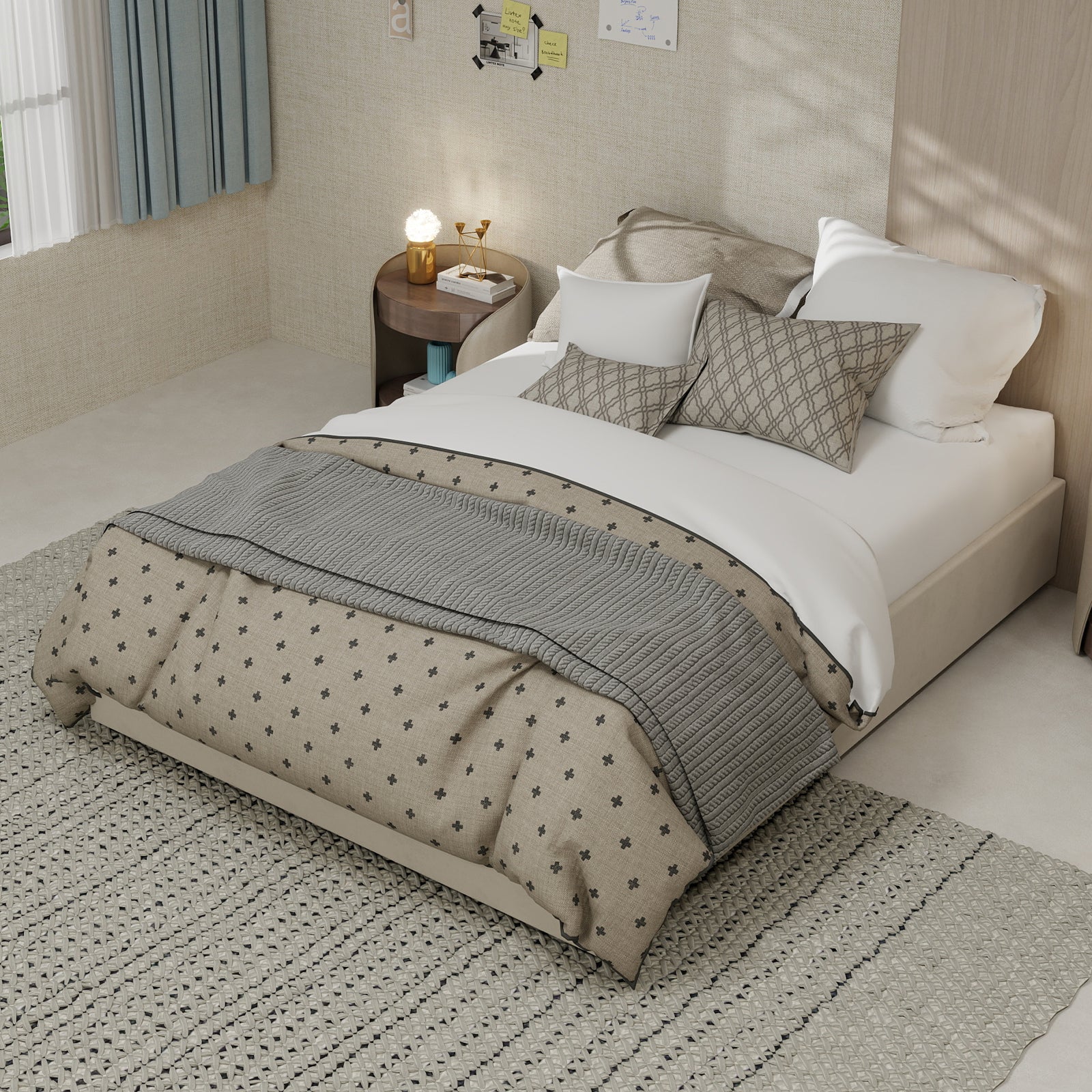 Modern Minimalist Bed Frame, 140x200 cm Gas Lift Storage, Dutch Velvet Beige