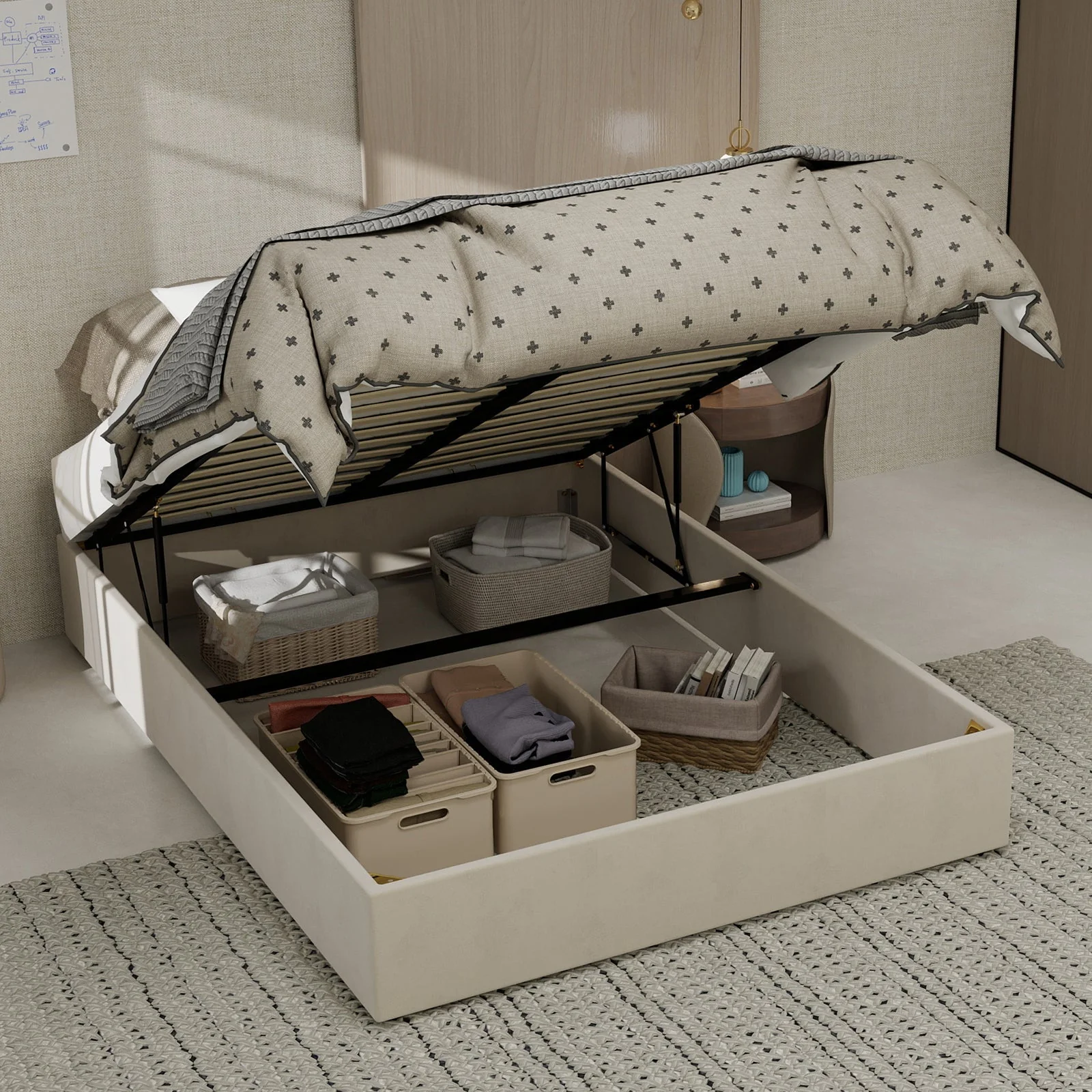 Modern Minimalist Bed Frame, 140x200 cm Gas Lift Storage, Dutch Velvet Beige - Image 8