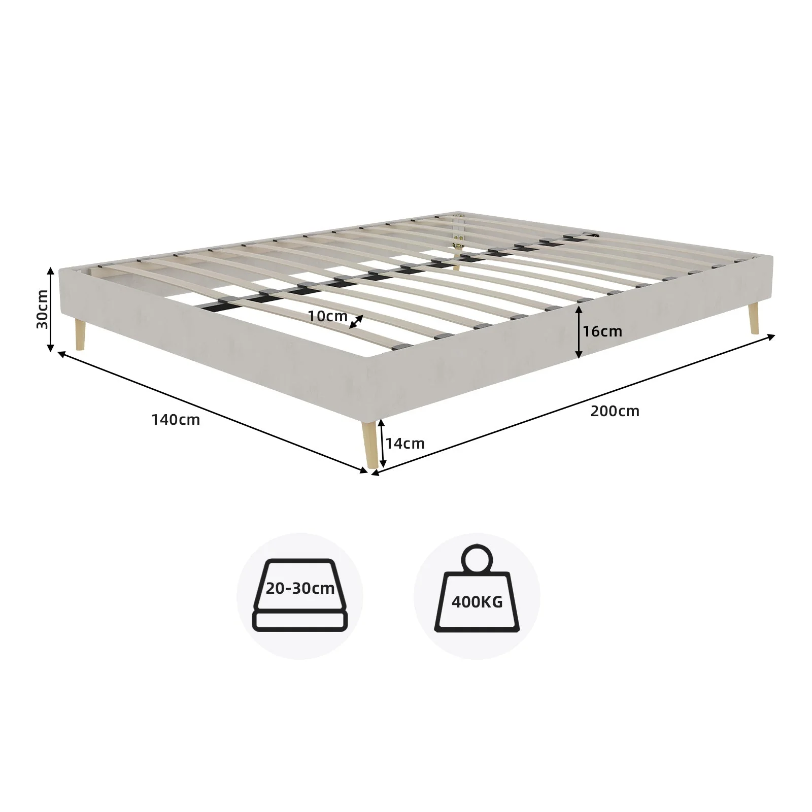 Modern Minimalist Bed Frame, 140x200 cm Low-Profile Base, Beige Dutch Velvet Fabric - Image 7