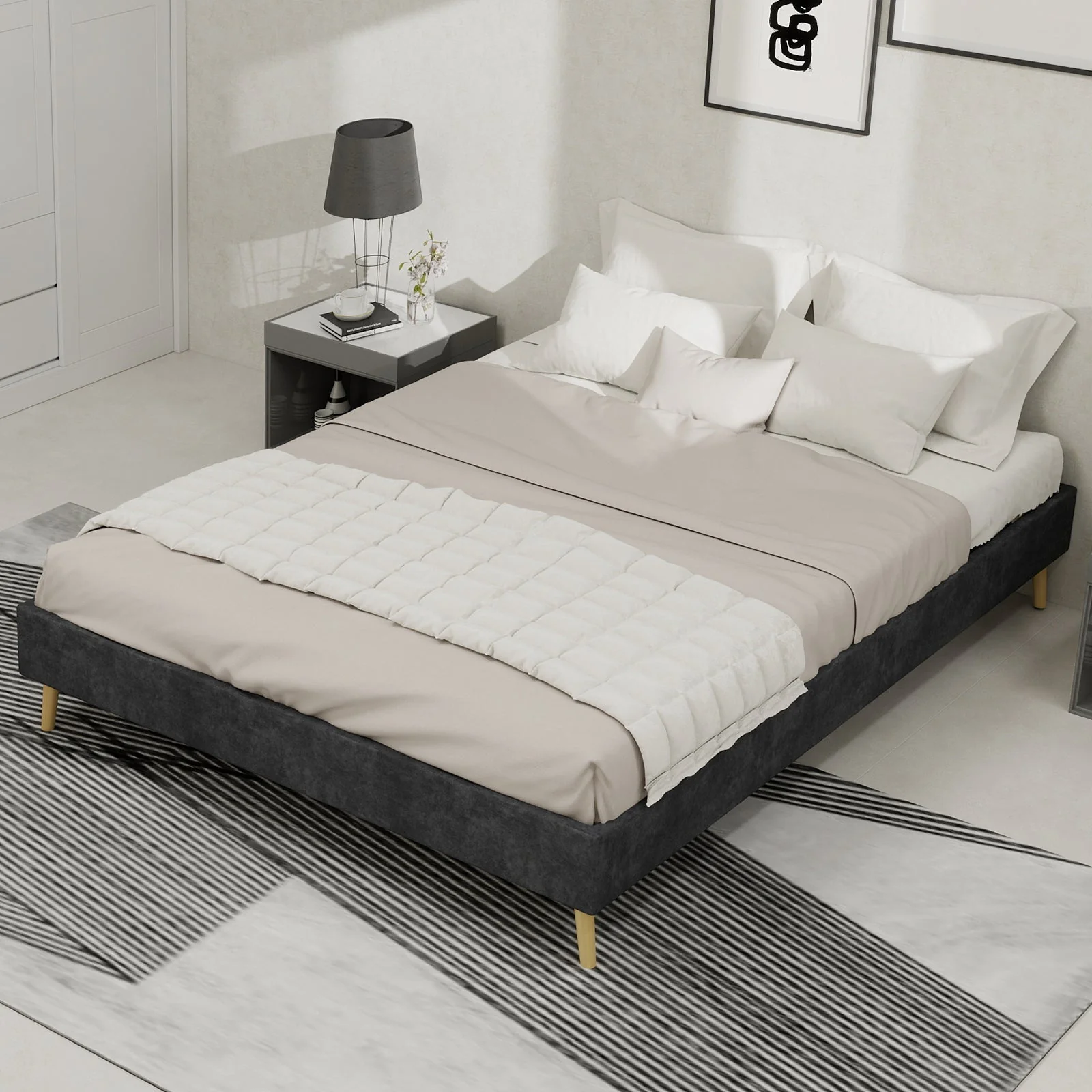 Modern Minimalist Bed Frame, 140x200 cm Low-Profile, Grey Dutch Velvet