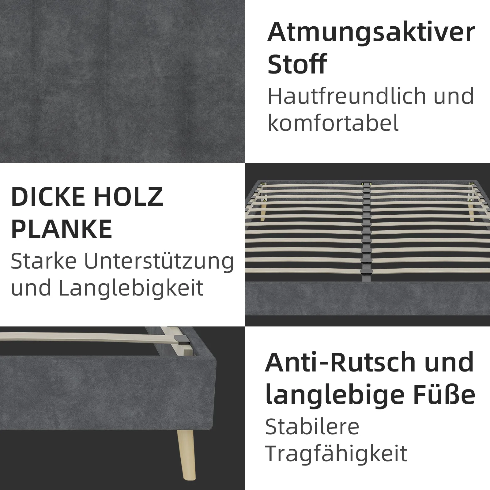 Modern Minimalist Bed Frame, 140x200 cm Low-Profile, Grey Dutch Velvet - Image 2
