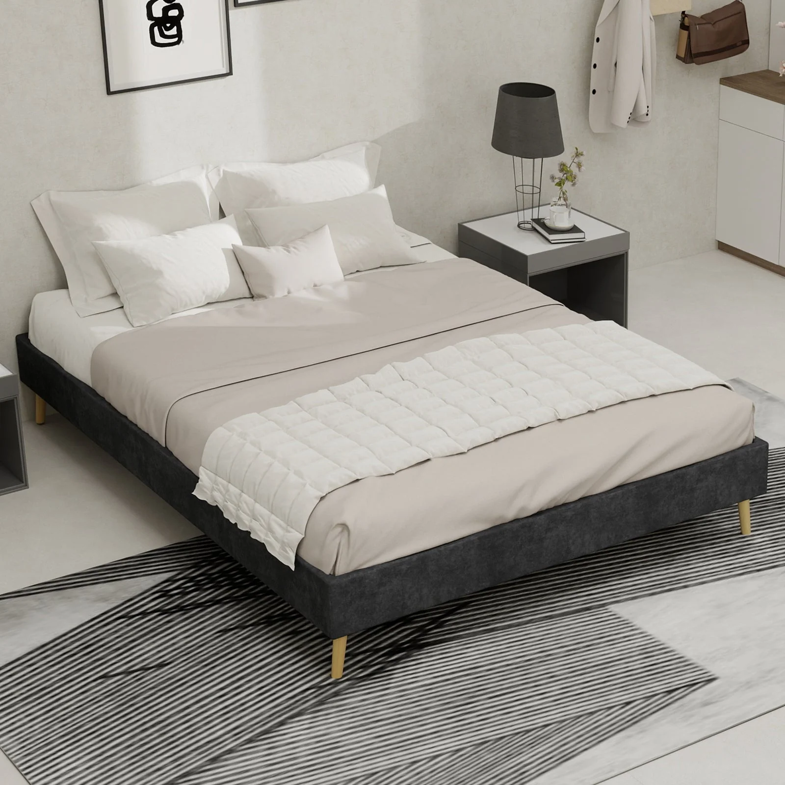 Modern Minimalist Bed Frame, 140x200 cm Low-Profile, Grey Dutch Velvet - Image 4