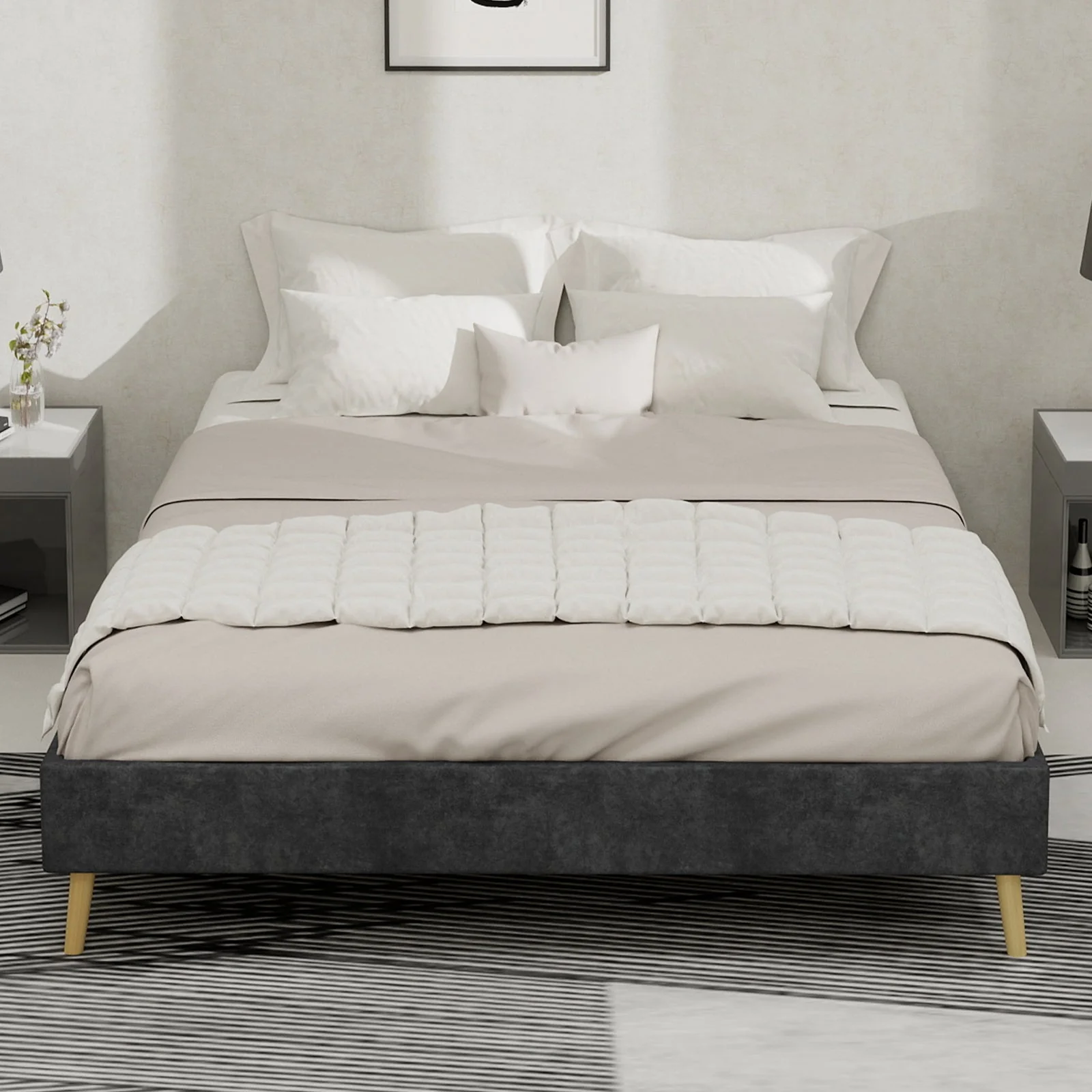 Modern Minimalist Bed Frame, 140x200 cm Low-Profile, Grey Dutch Velvet - Image 7