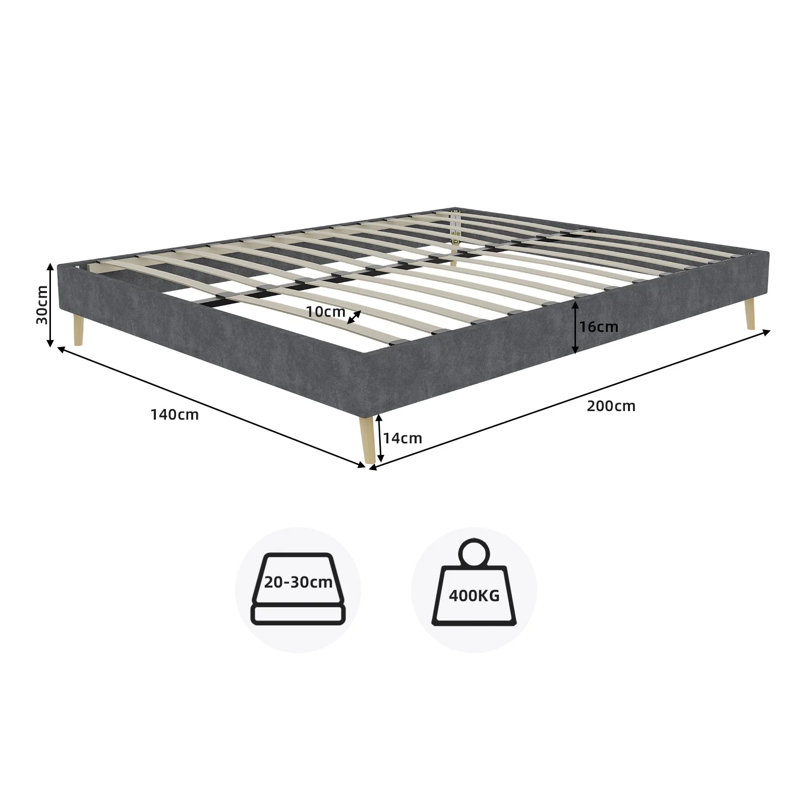 Modern Minimalist Bed Frame, 140x200 cm Low-Profile, Grey Dutch Velvet - Image 8