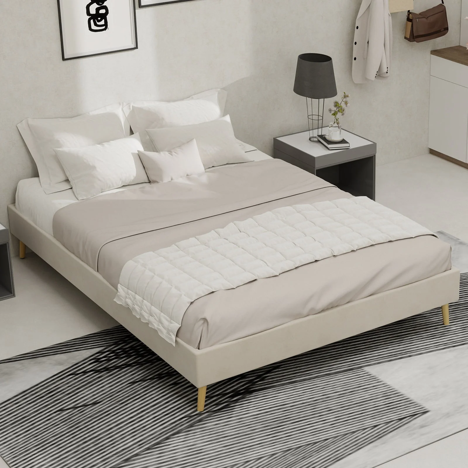 Modern Minimalist Bed Frame 140x200 Low-Profile Dutch Velvet, Beige