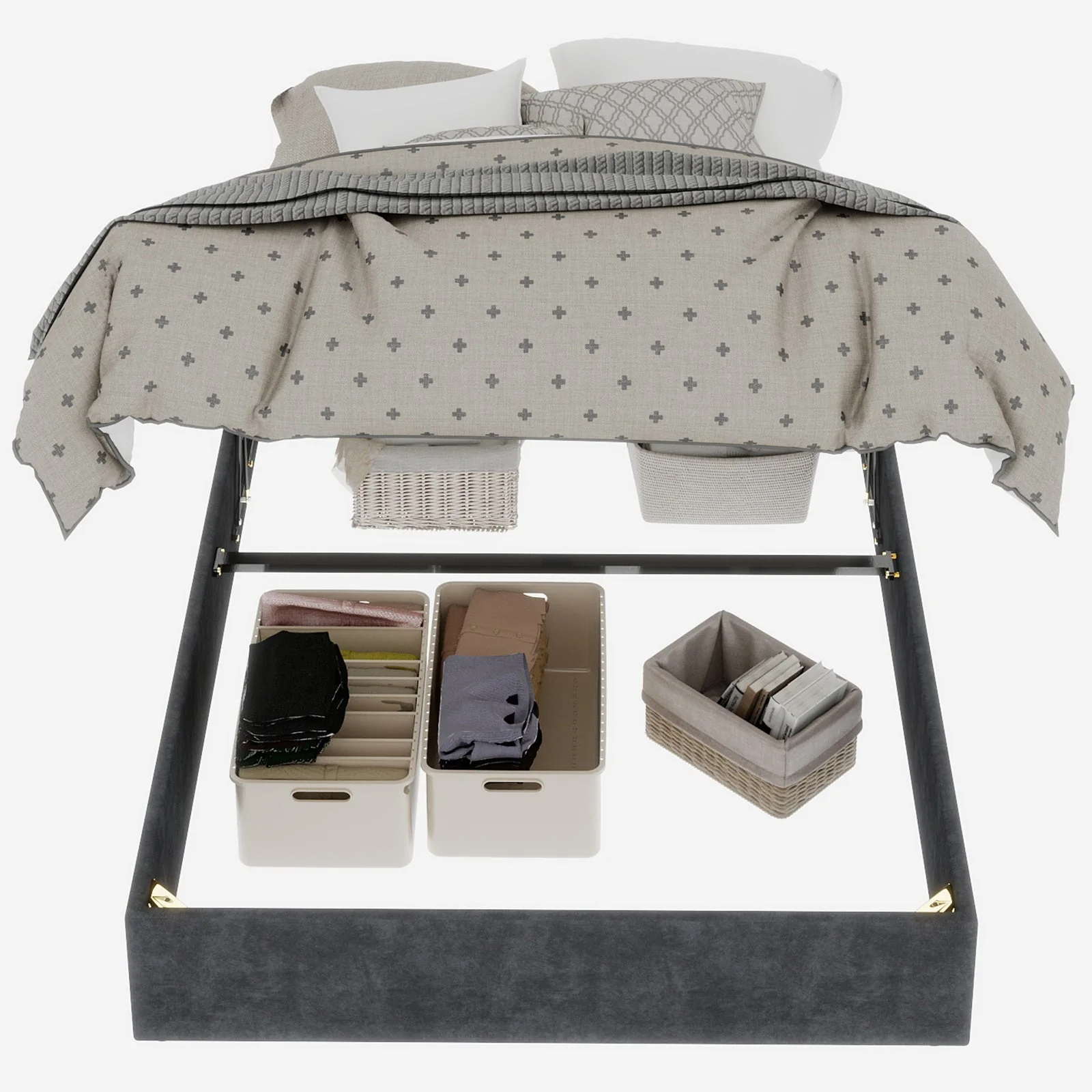 Modern Minimalist Bed Frame 140x200cm Gas Lift Storage, Dutch Velvet Gray - Image 2