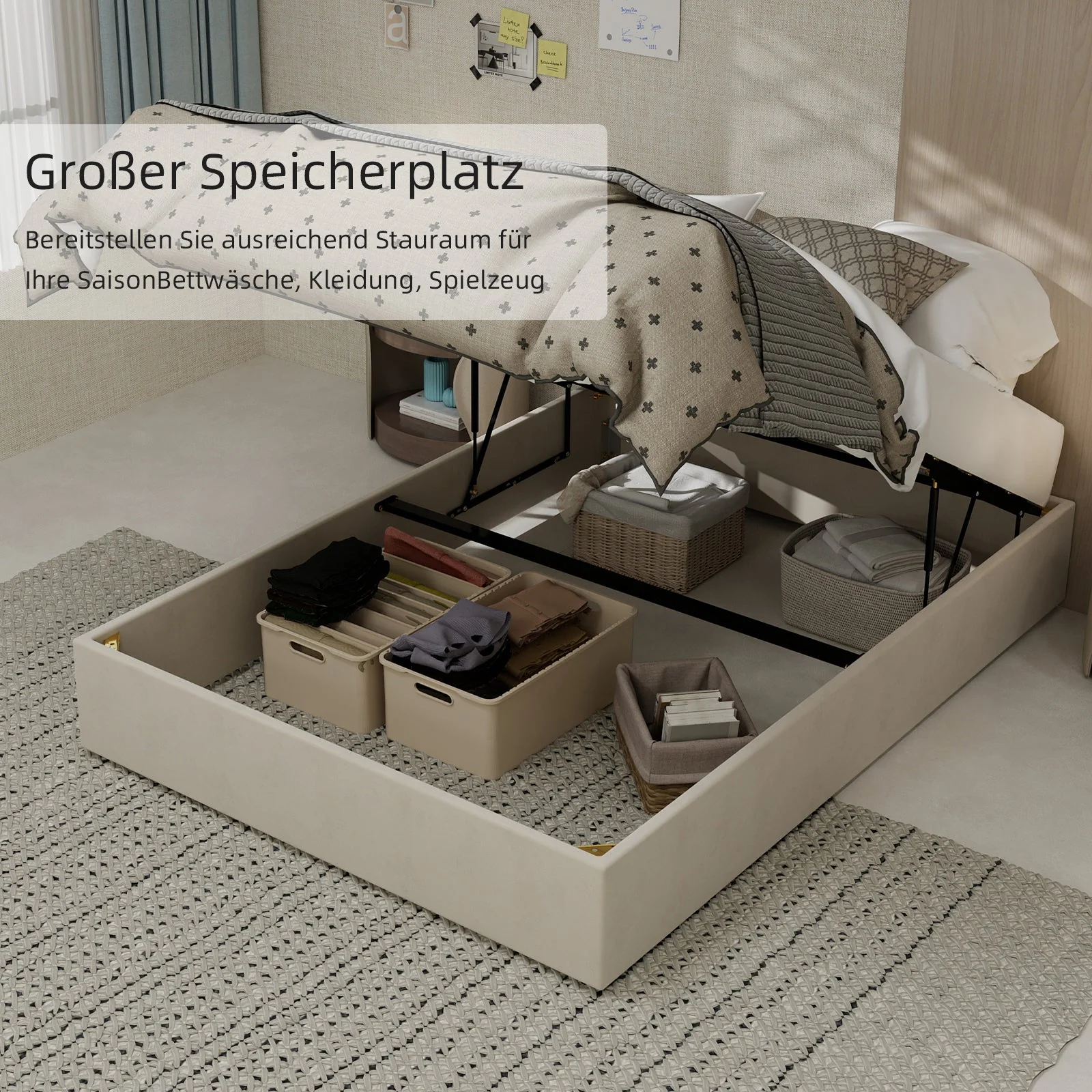Modern Minimalist Bed Frame 140x200cm Hydraulic Storage - Beige Dutch Velvet - Image 8