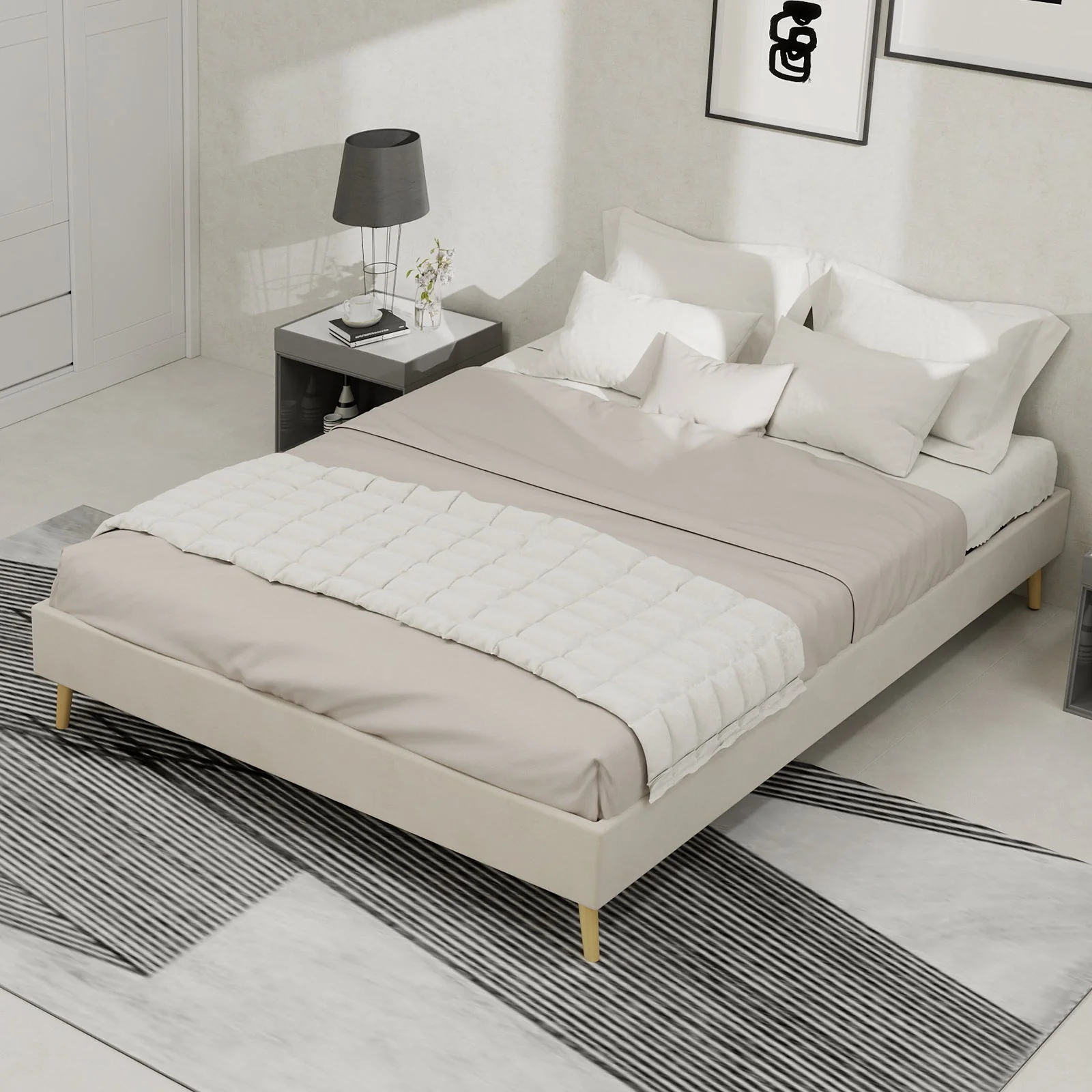 Modern Minimalist Bed Frame, 140x200CM Low Box, Dutch Velour Beige