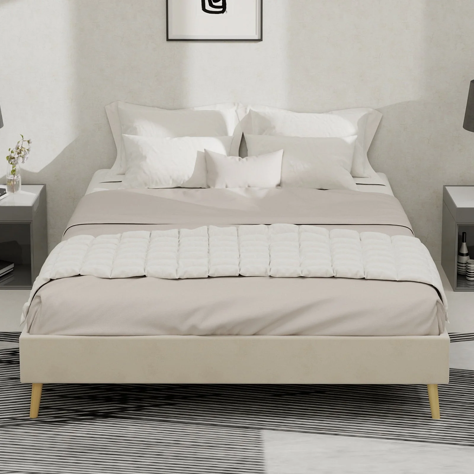 Modern Minimalist Bed Frame, 140x200CM Low Box, Dutch Velour Beige - Image 8