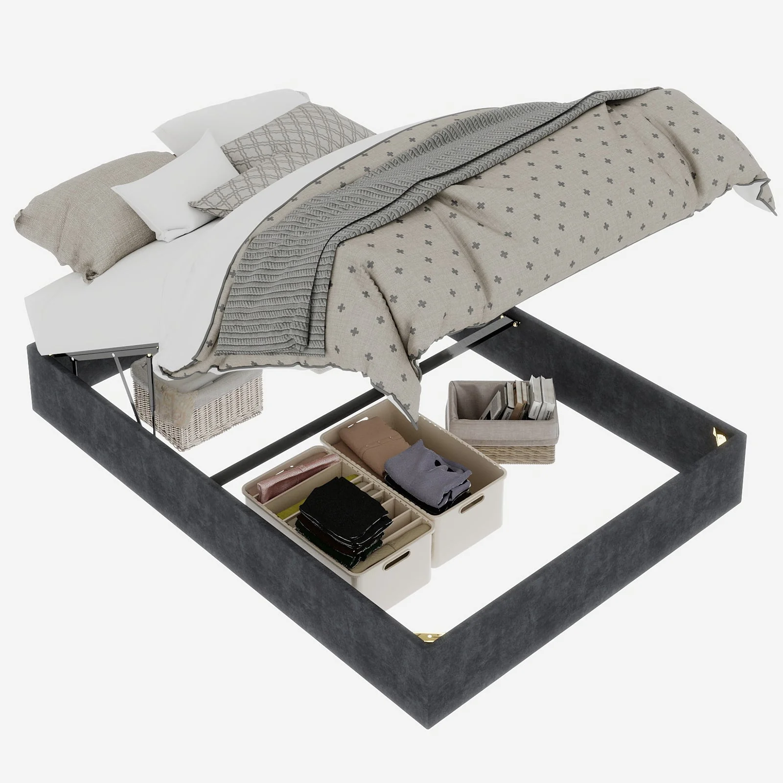 Modern Minimalist Bed Frame, 140x200cm Pneumatic Rods, Gray Dutch Velvet - Image 5