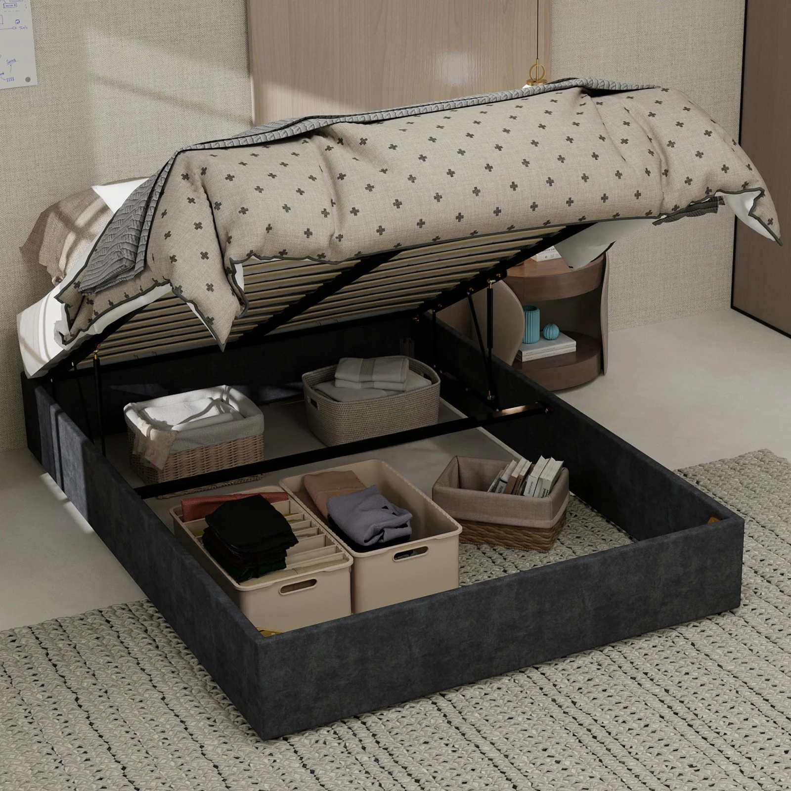 Modern Minimalist Bed Frame, 140x200cm Pneumatic Rods, Gray Dutch Velvet - Image 6
