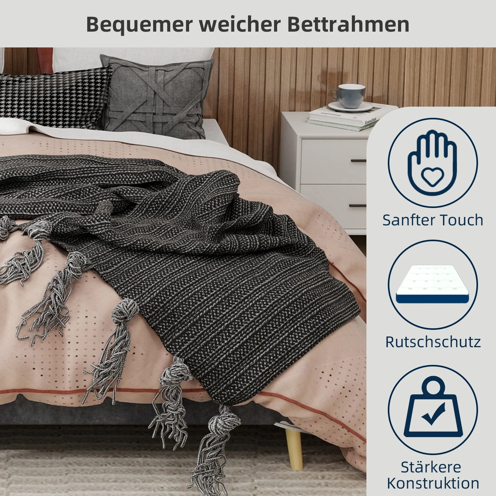 Modern Minimalist Bed Frame, 160x200 cm Low-Profile, Grey Dutch Velvet Fabric - Image 8