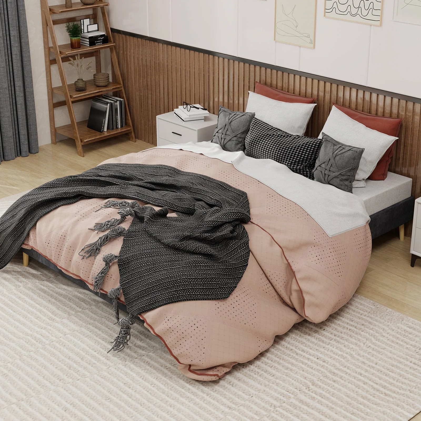 Modern Minimalist Bed Frame, 160x200cm Low Box, Gray Dutch Velvet