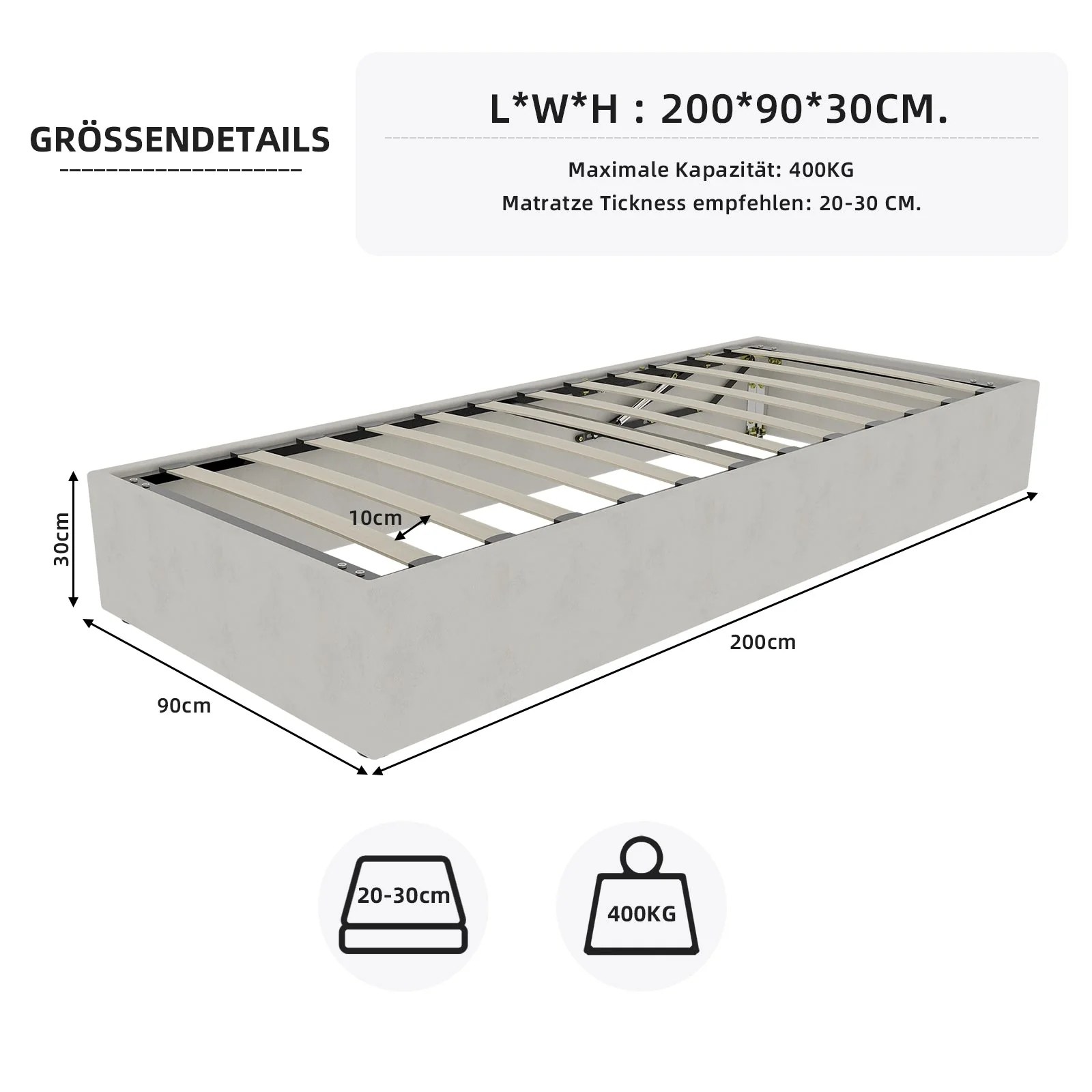 Modern Minimalist Bed Frame, 90x200 cm Gas Lift Storage, Beige Dutch Velvet - Image 7