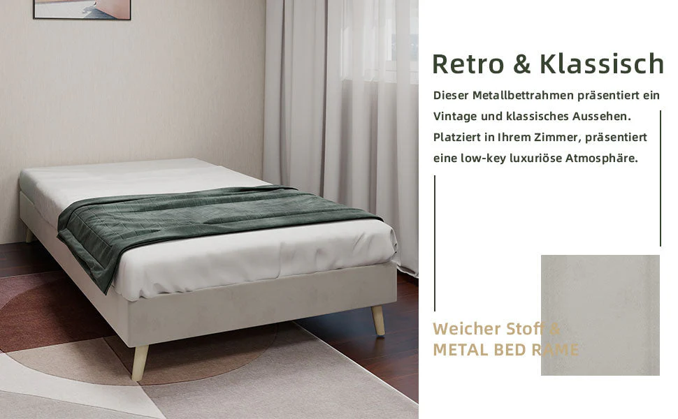 Modern Minimalist Bed Frame, 90x200 cm Low-Profile Base, Beige Dutch Velvet - Image 4