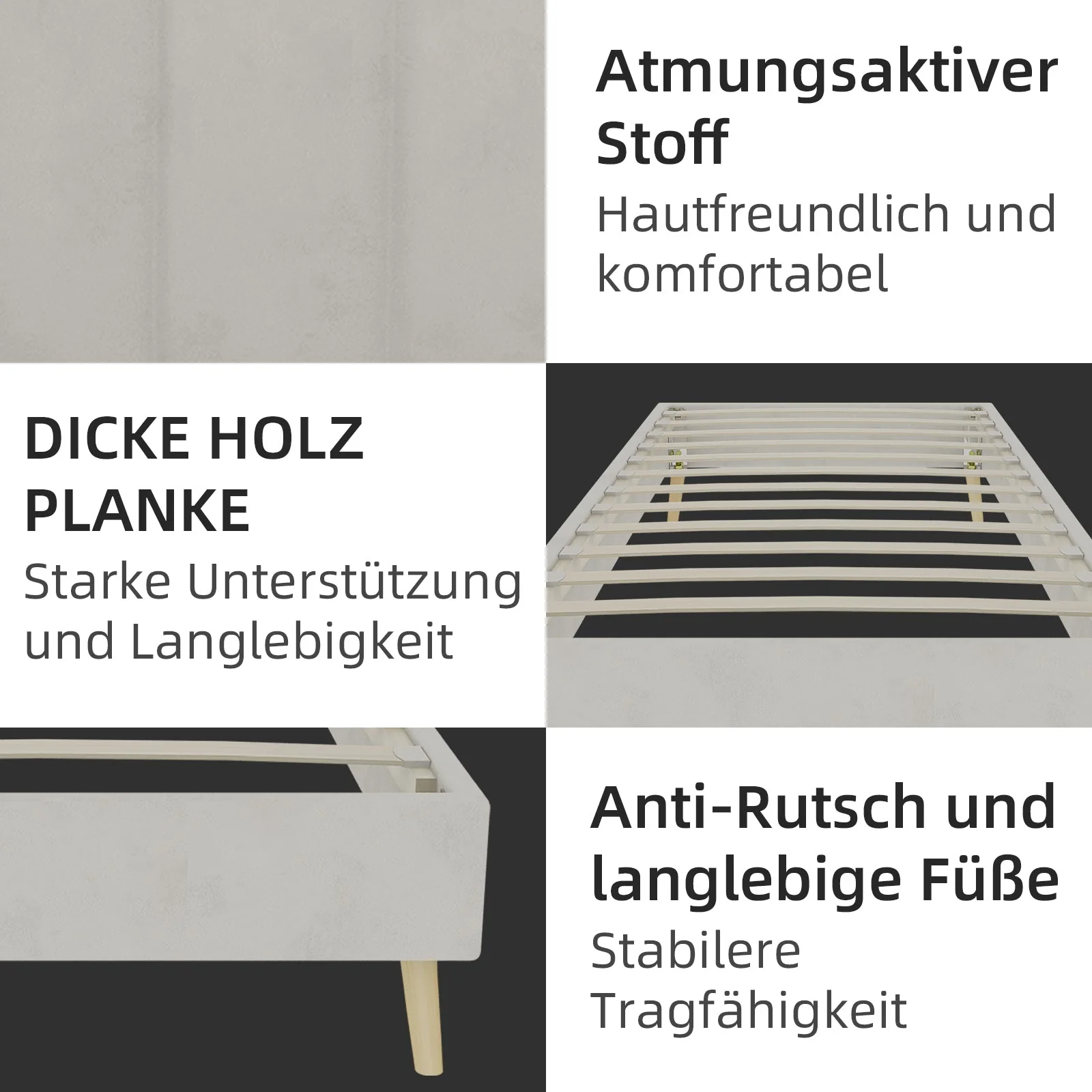 Modern Minimalist Bed Frame, 90x200 cm Low-Profile Base, Beige Dutch Velvet - Image 7