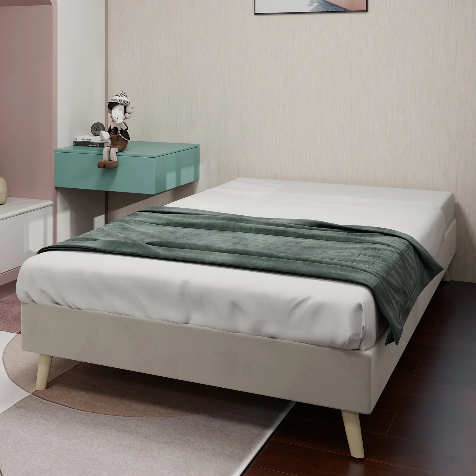 Modern Minimalist Bed Frame, 90x200 cm Low-Profile Base, Beige Dutch Velvet - Image 9